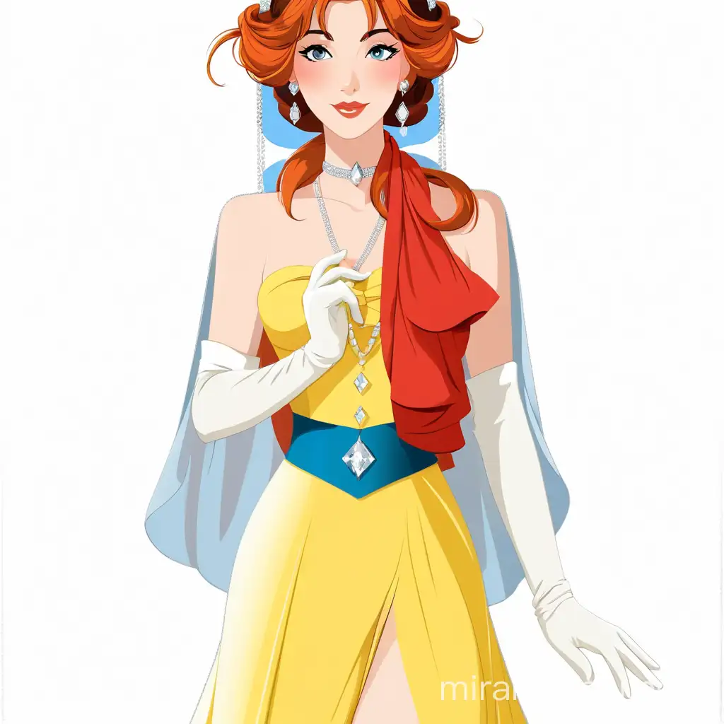 anastasia princess, full body, minimalist, vector art, colored illustration with a black.

Anastasia is a beautiful, elegant and attractive young woman. She wears a yellow dress, with white opera gloves, a silver choker around her neck, diamond earrings hanging from her ears, and her red hair was tied into a bun with a silver hairband.
