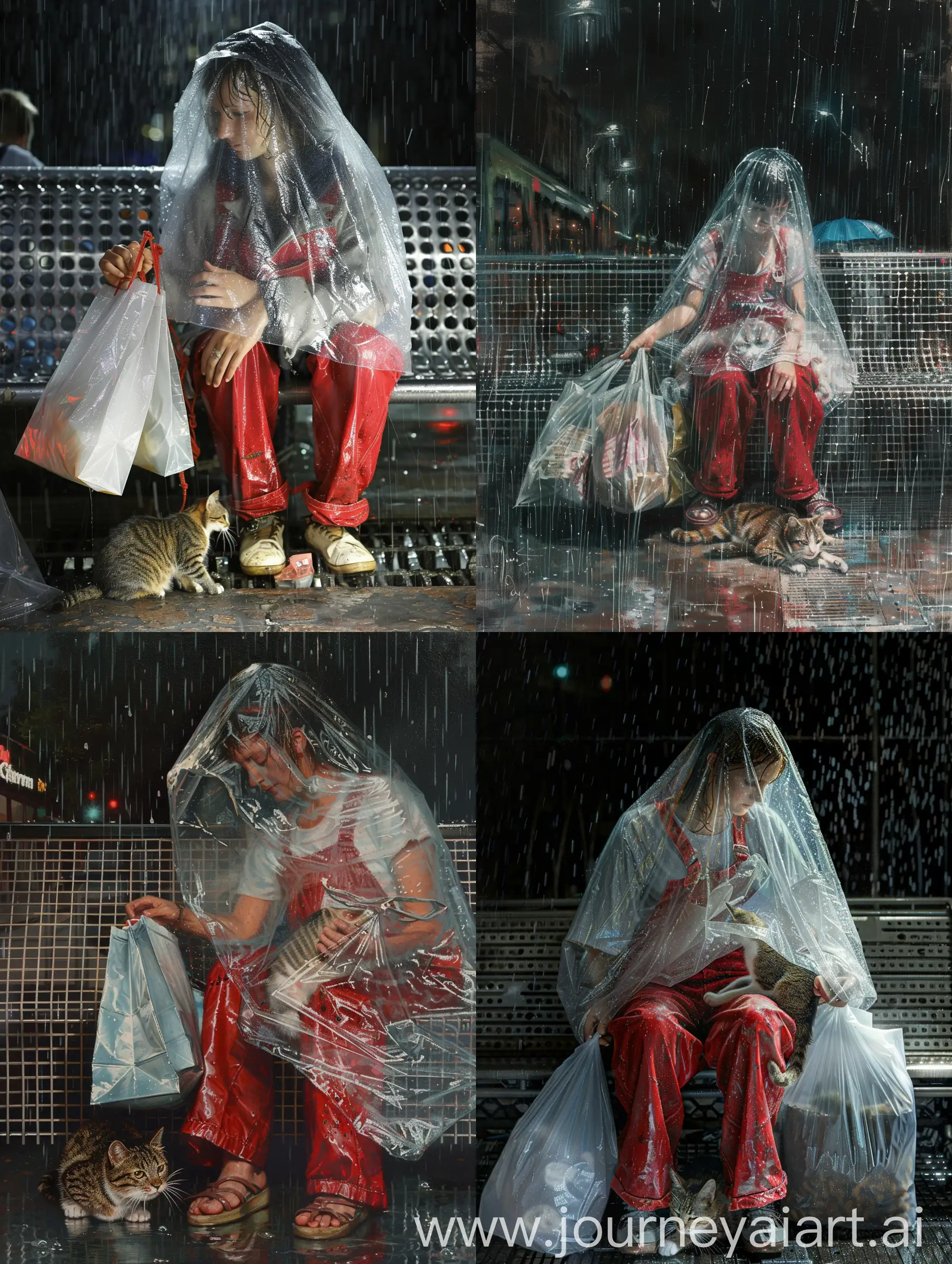 Emma Watson in Threadbare Red Dungarees Amid Night Rain Stroking Stray Cat  on Metal Bench | Journey AI Art