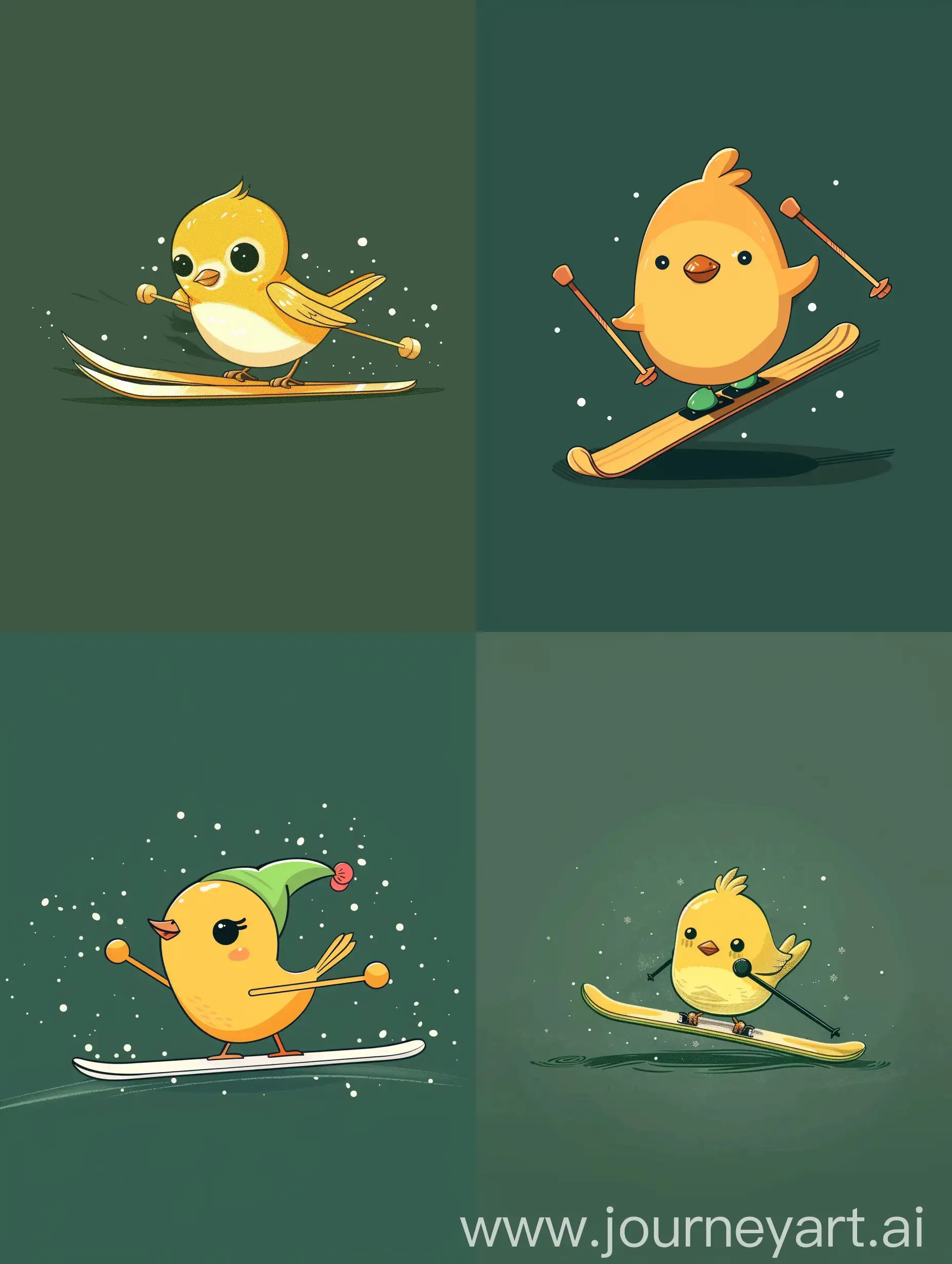 thin line style chibi cute bird playing ski, with solid dark green background, small object and center concentrated image, far view point