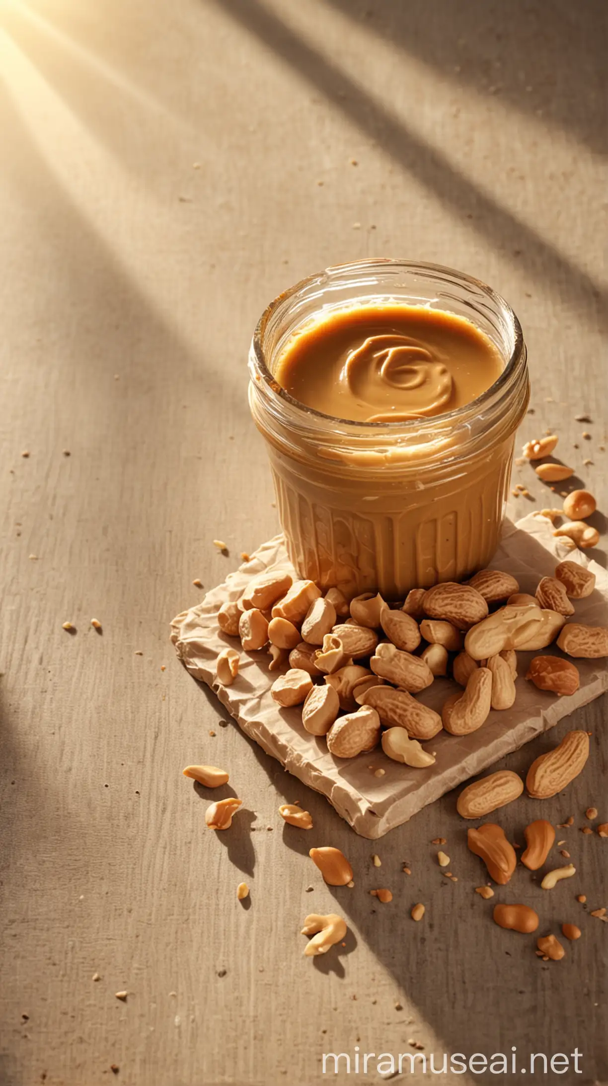 peanut butter on table, natural background, sun light effect, 4k, HDR, morning time weather