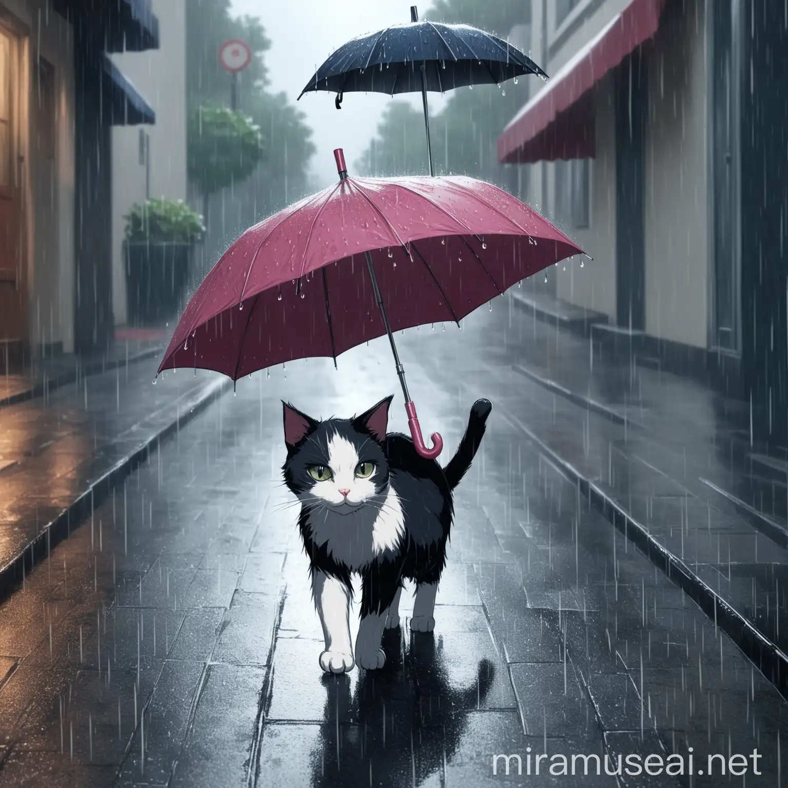 Cat with Umbrella Walking in the Rain