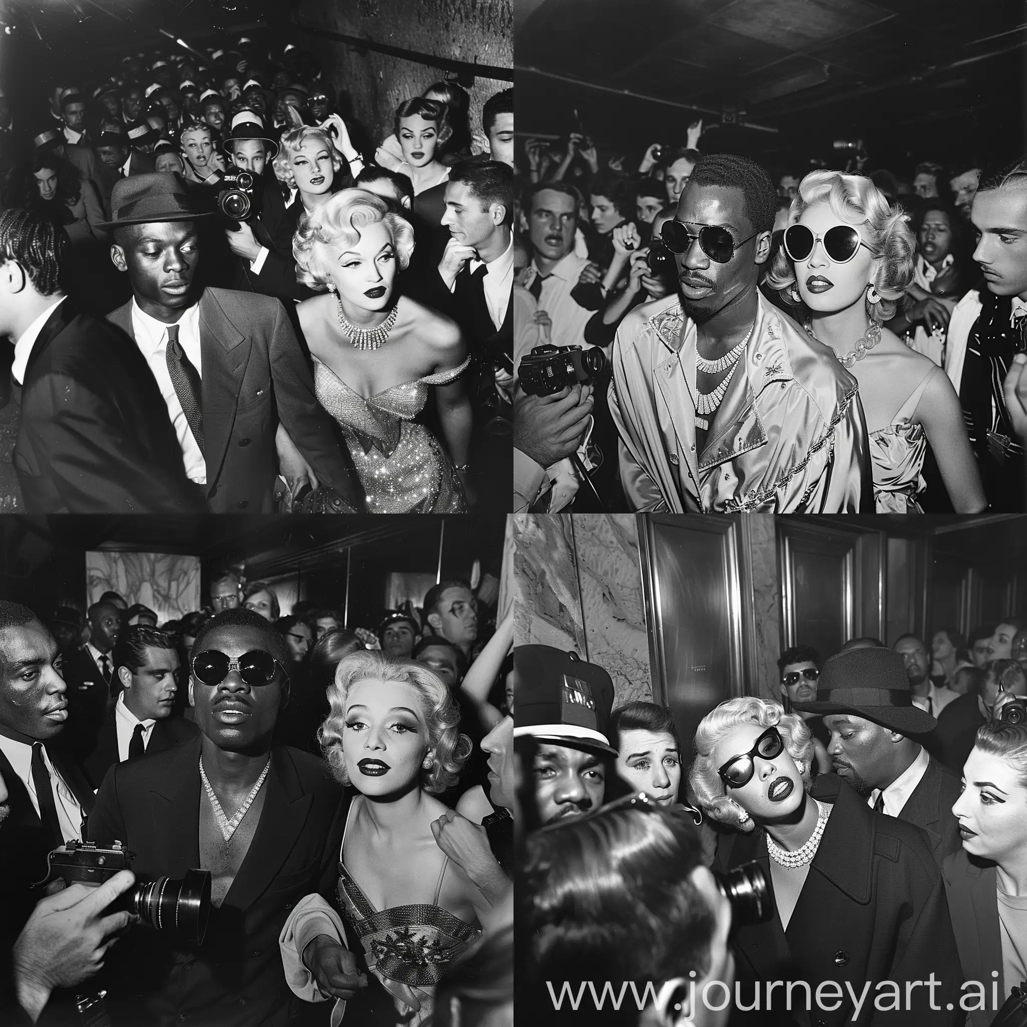 a 1960s Black and White Photograph,Of a Black rapper with diamond jewelry and designer on and a glamerous Marilyn Monroe,Leaving a Theatre,with many paparazzi 