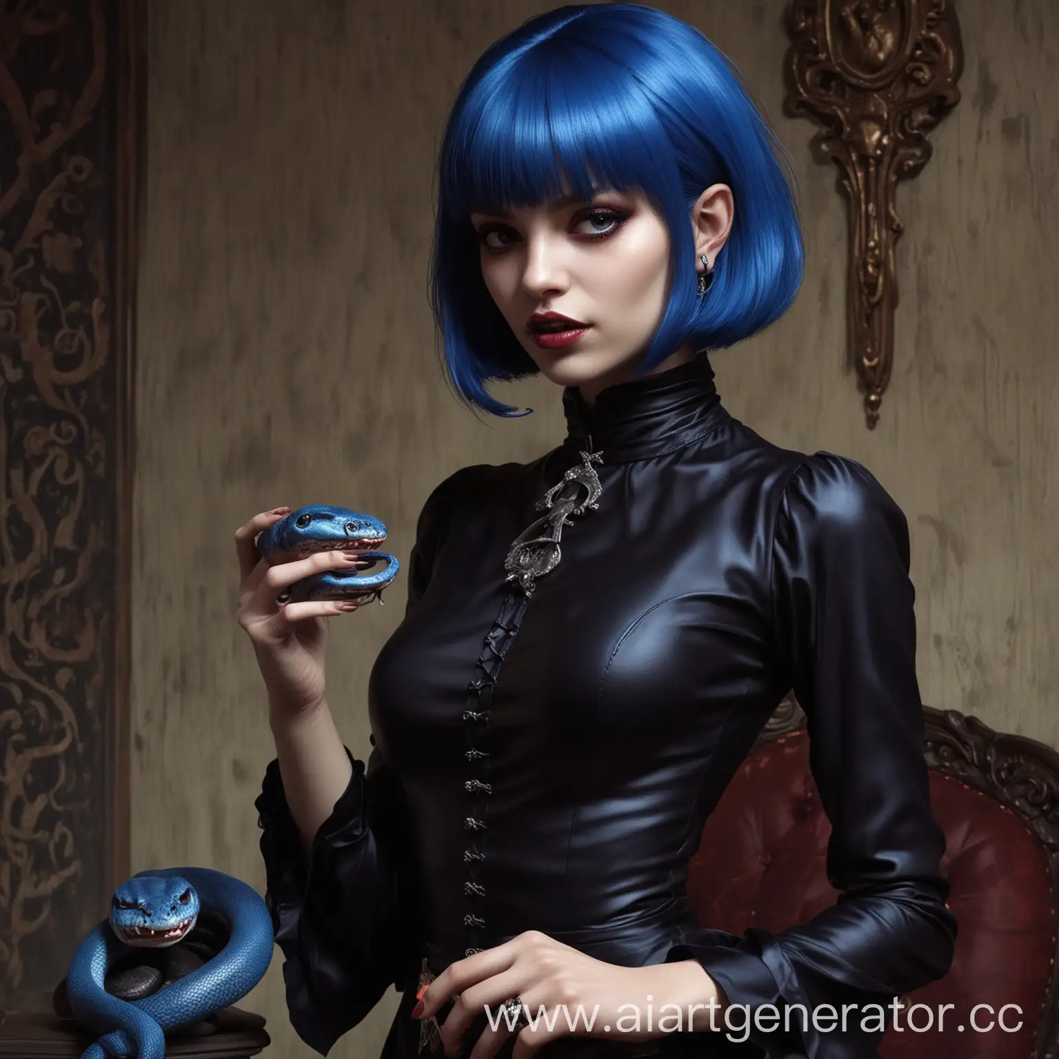 Lasombra-Vampire-Girl-with-Pet-Snake-Dark-Beauty-in-Blue-Bob-Masochist-Costume