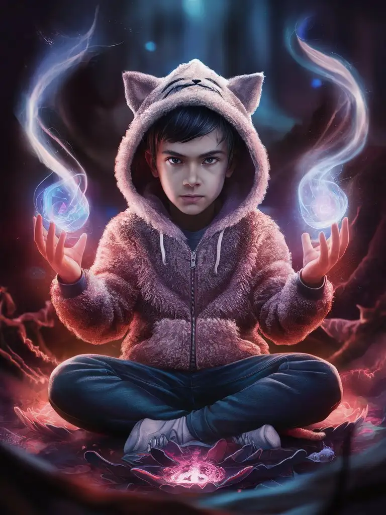 photorealistic, magical qi-cultivation, demonic cultivator, 12yo, male, RAW Photo, fluffy cat-hoodie, immortality, precocious, european face, lotus-position

