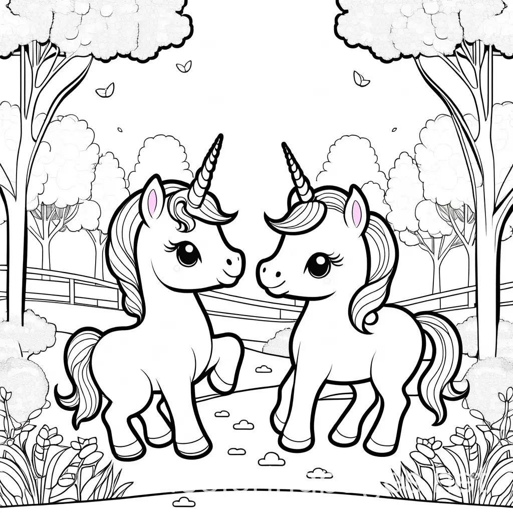 Two-Baby-Unicorns-Playing-in-Park-Coloring-Page-for-Kids