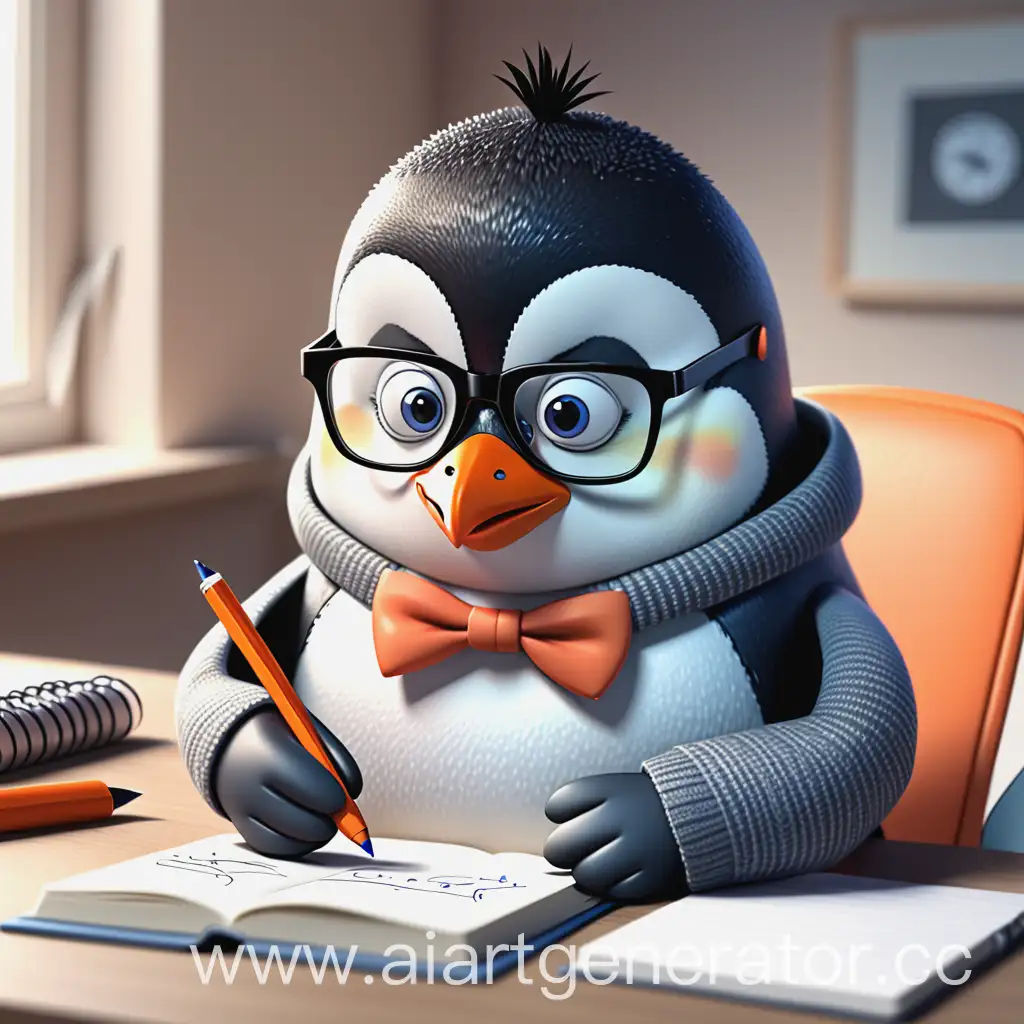 Умный пингвин в очках записывает в блокнот. Это картинка для youtube канала для видео