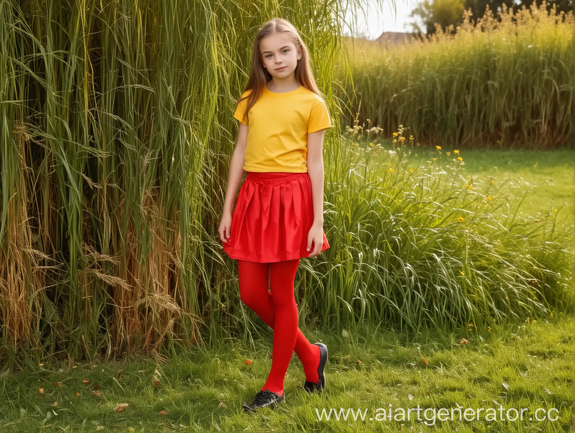 Twelve years old girl, dressed in red midi skirt with red tights and yellow t-shirt. Girl standing near the grass