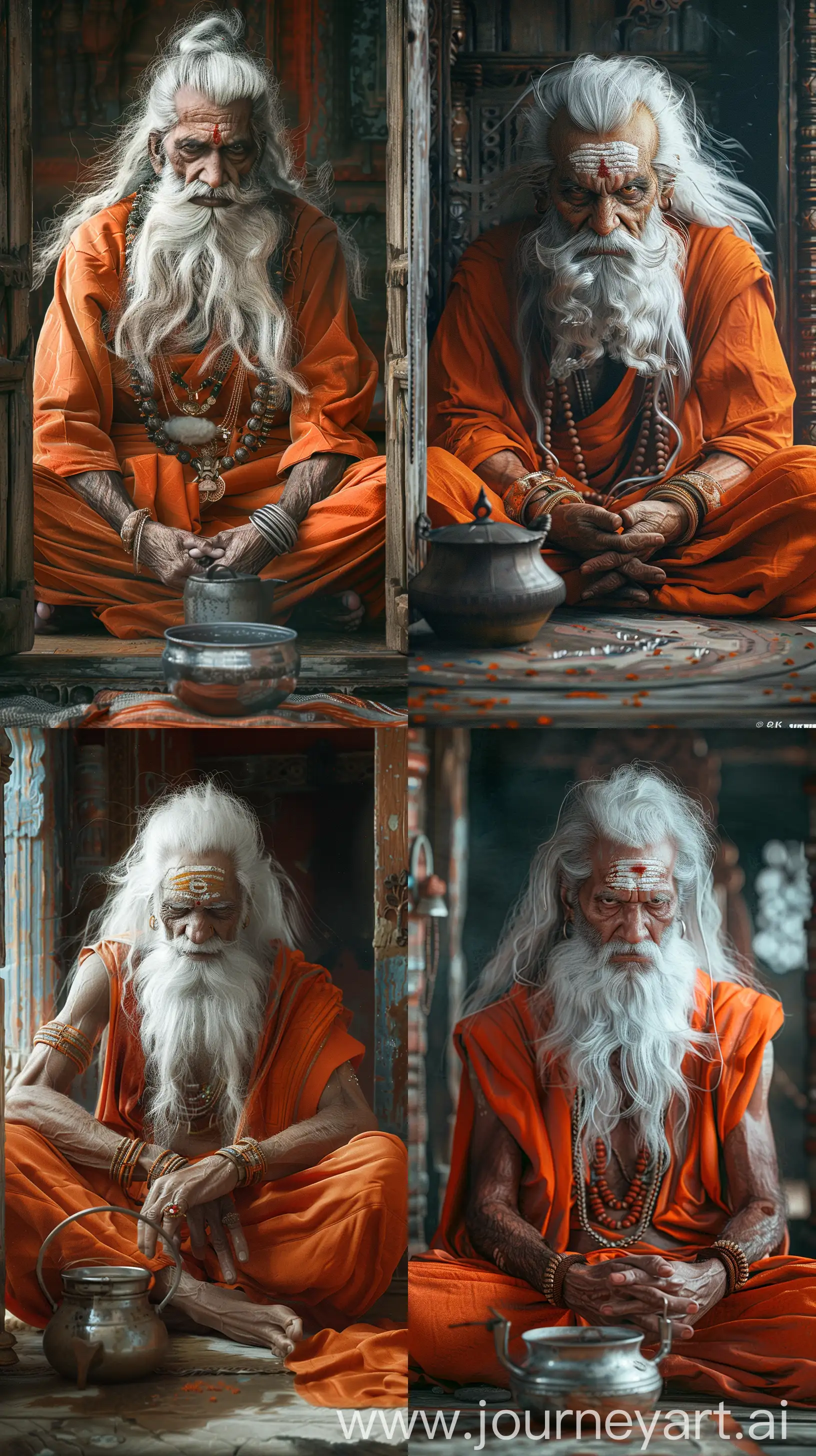 Hyper realistic image of an Indian sage in orange attire, with white long hair and beard, angry expression on his face, seated with his hands folded on the floor, inside his house, a water pot is put in front of him, intricate details 8k image --s 200 --ar 9:16 --v 6