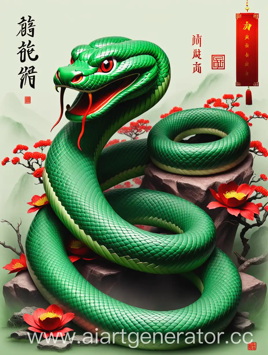 Year-of-the-Chinese-Green-Snake-Serpentine-Zodiac-Animal-in-Lush-Greenery