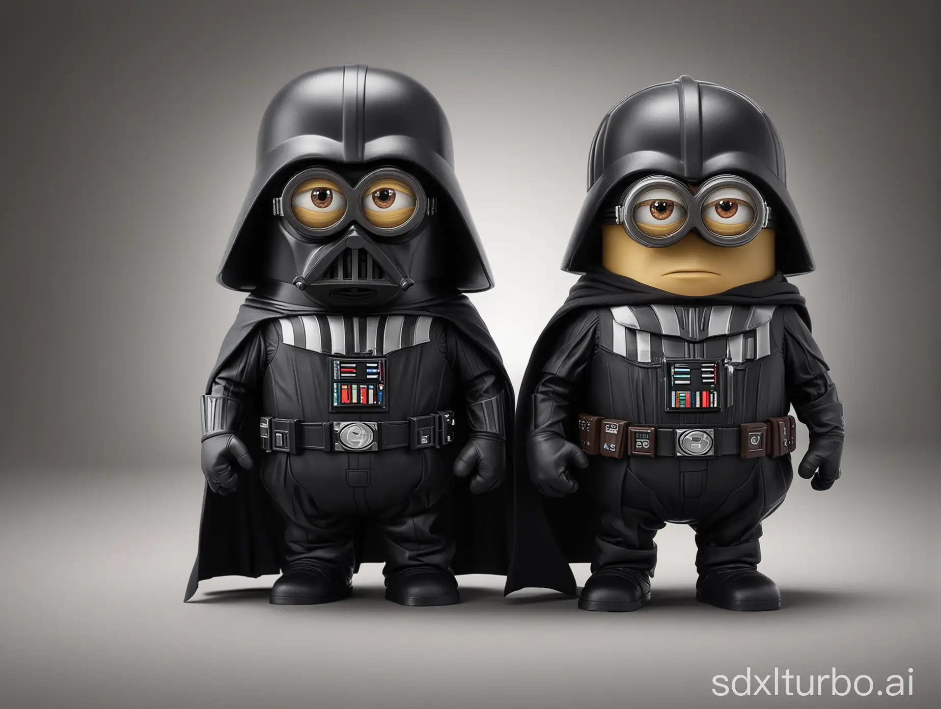 a minion in Darth Vader costume next to a Darth Vader in minion costume