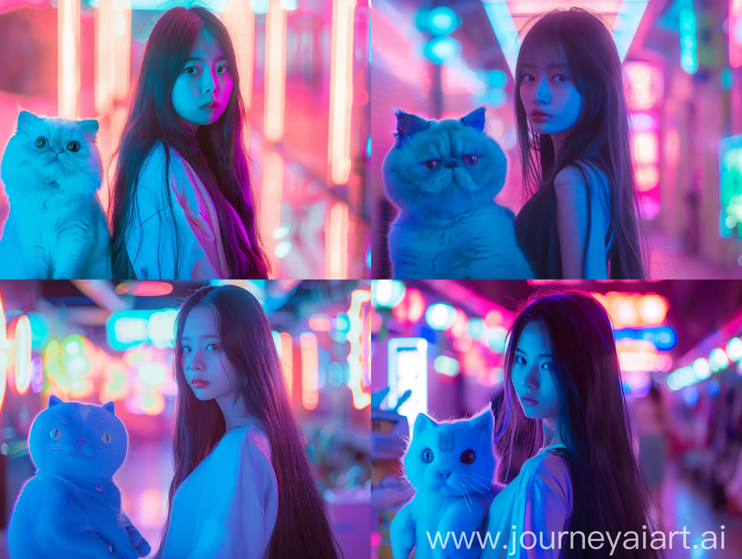 Asian-Girl-with-Chubby-Blue-Cat-in-Cyberpunk-Neon-Lighting
