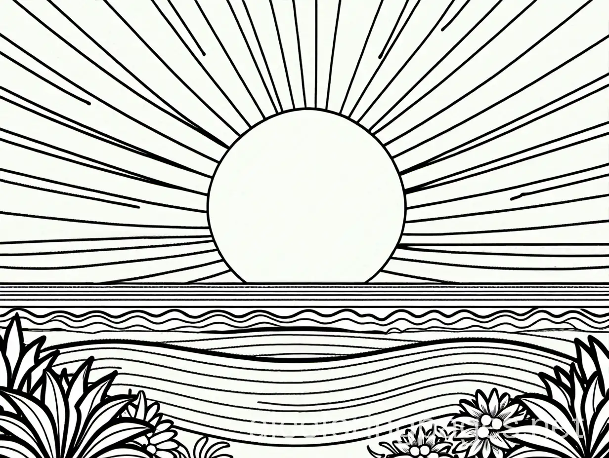  Coloring page of summer sunset, coloring page, black and white, line art, white background, simplicity, generous white space. The background of the coloring page is plain white, making it easy for young children to color within the lines. The outlines of all the subjects are easy to distinguish, making it simple for kids to color without too much difficulty.