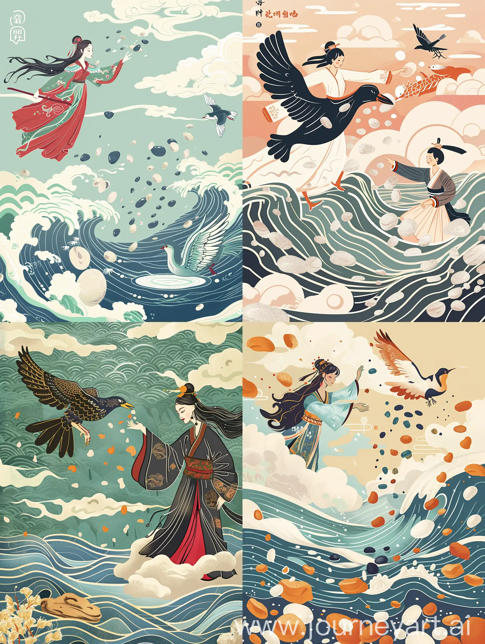 In the style of hieu, a flat illustration in a poster design, employing rock colors, traditional Chinese figure motifs from ink painting, murals, flying heavenly maiden, the mythical bird jingwei trying to fill up the sea with pebbles, Chinese ancient myth, Bird, sea, stone, auspicious clouds 