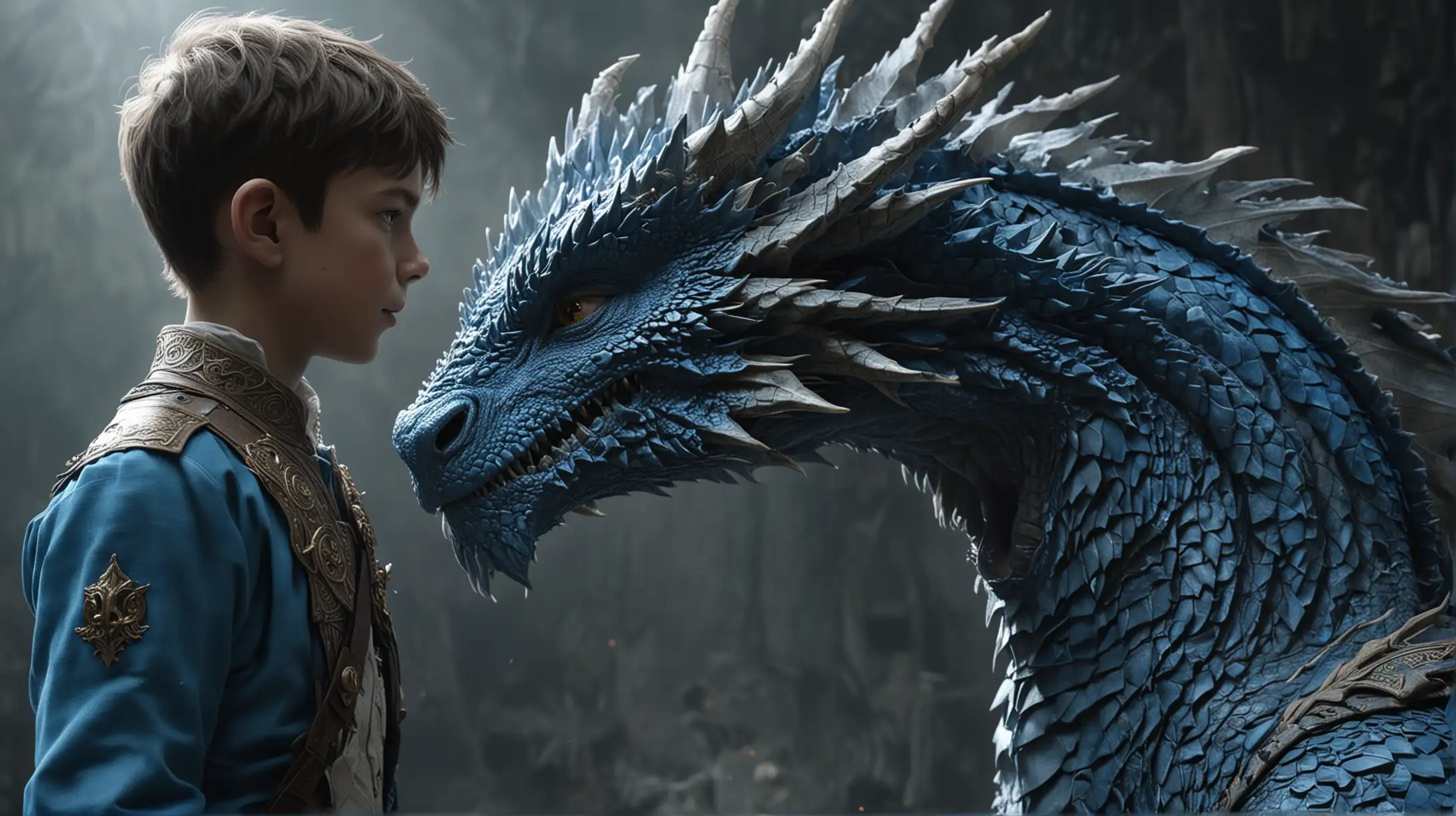 Un grand dragon bleu et un jeune garçon, captivant, hyperréaliste de haute qualité, 8K Ultra HD