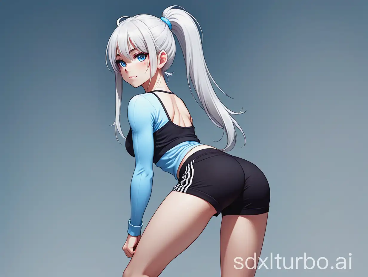 anime girl. europeoid face and body. toned and athletic build. attractive chest. attractive butt. standing up straight. well-proportioned face. happy expression. long white hair. hair with fringe. ponytail with red hair tie. light blue eyes. thin eyebrows. sexy fitting blue top with black trim. cropped top. tight and revealing sporty black shorts. shorts with light blue fabric inserts. white sneakers. white ankle socks. background. UNUSUAL POSE