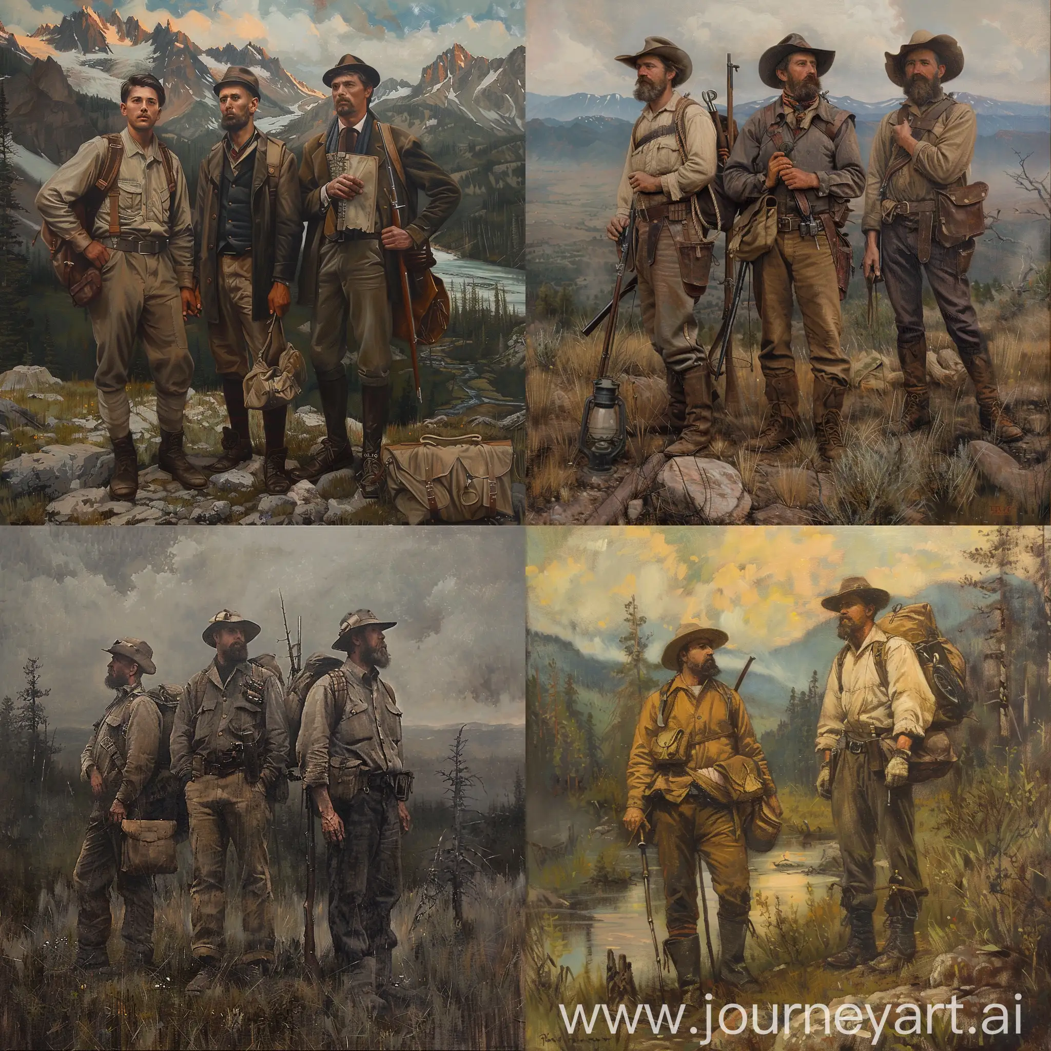 Junius Brutus Stearns-inspired early 20th-century explorers, adventurers in a historical painting, somber atmosphere, muted colors, capturing the essence of discovery, detailed period attire, antique equipment, vast wilderness backdrop, sense of wonder, --sref https://cdn.discordapp.com/attachments/1209105609023164446/1256922615273099275/1.jpg?ex=668287e7&is=66813667&hm=30d6aa959f51d6d941f62236c69962052adef1c9dbdabce9167d1d58e2015543& --sw 50 --ar 16:9 --v 6