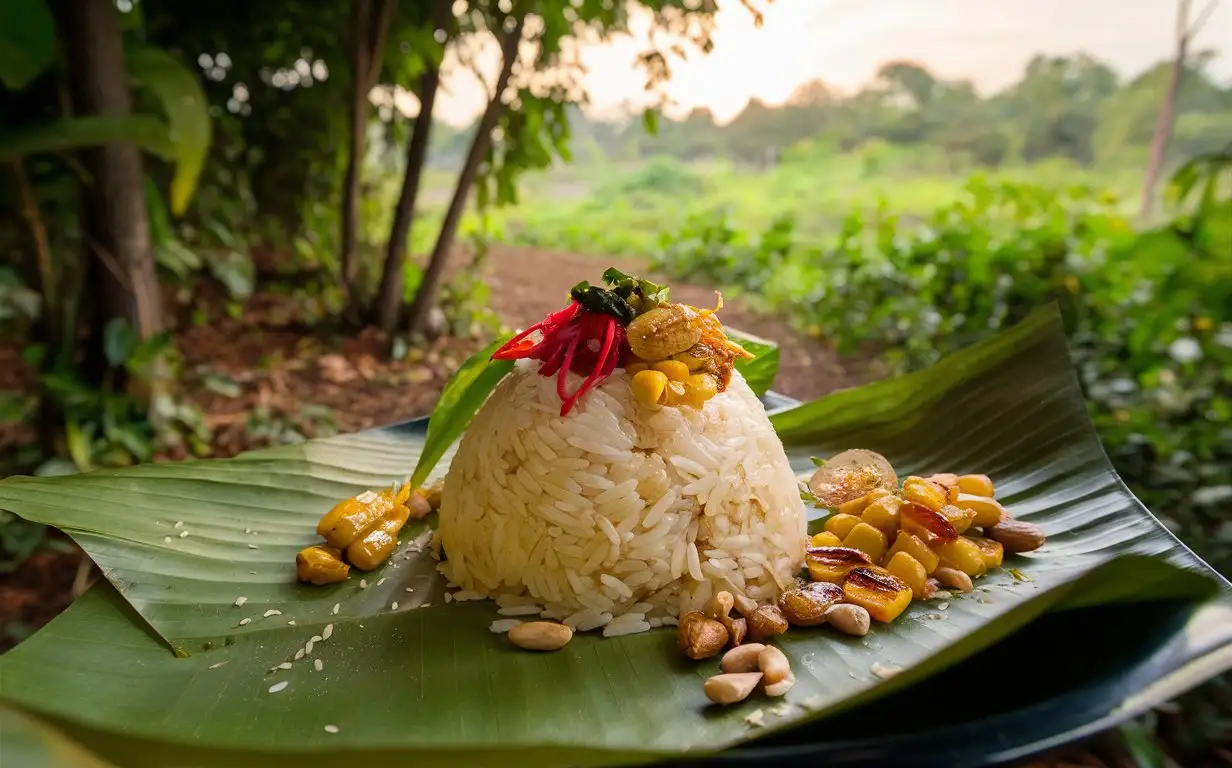 A serving of Vietnamese sticky rice (xôi) in an outdoor setting with natural Vietnamese scenery, photographed in a natural landscape style with soft daylight, a frontal shot, and a harmonious composition, showcasing the natural flavors of the sticky rice.