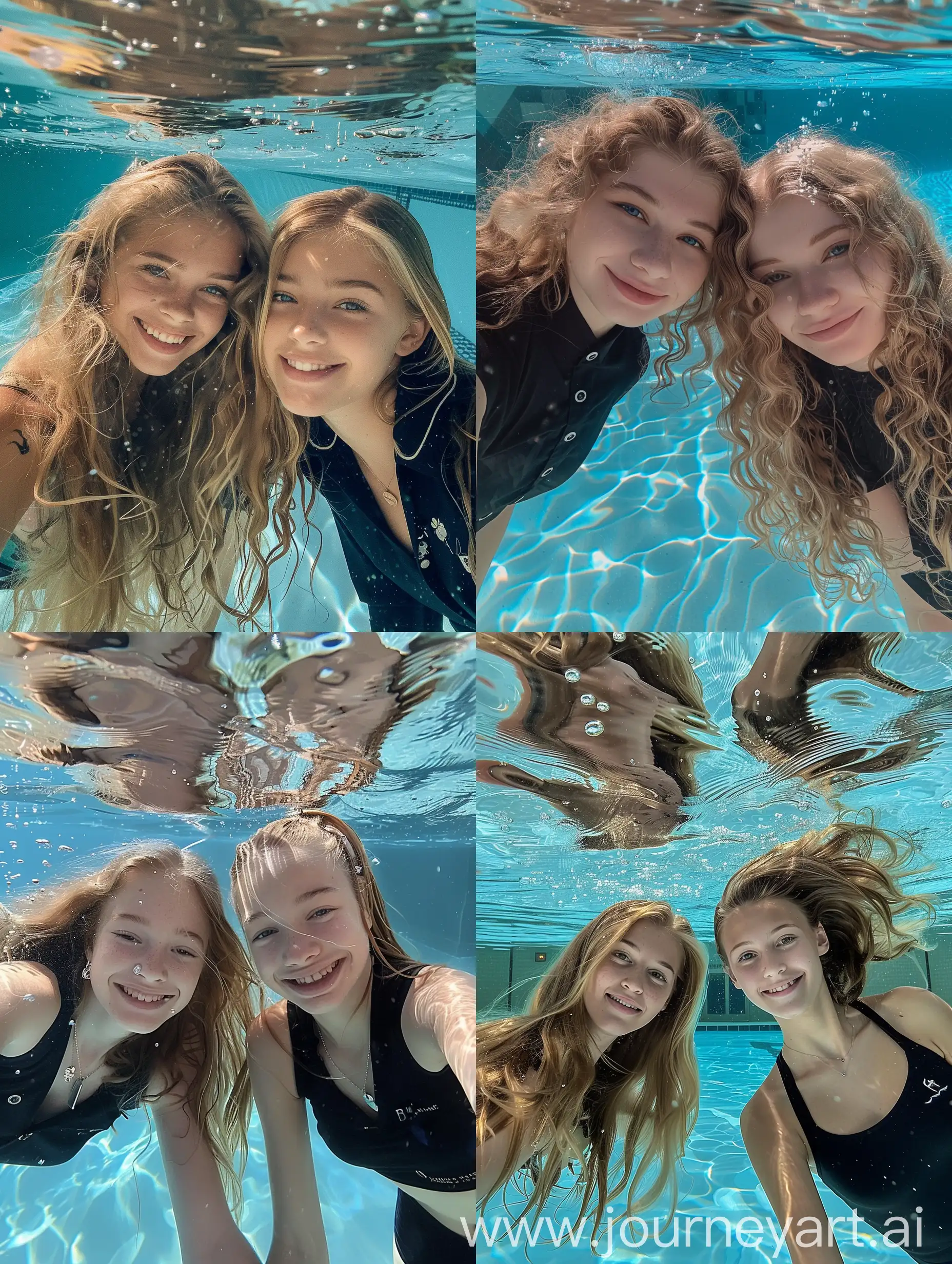 Two-Young-Women-Taking-Natural-iPhone-Selfies-Underwater-in-Black-School-Uniforms