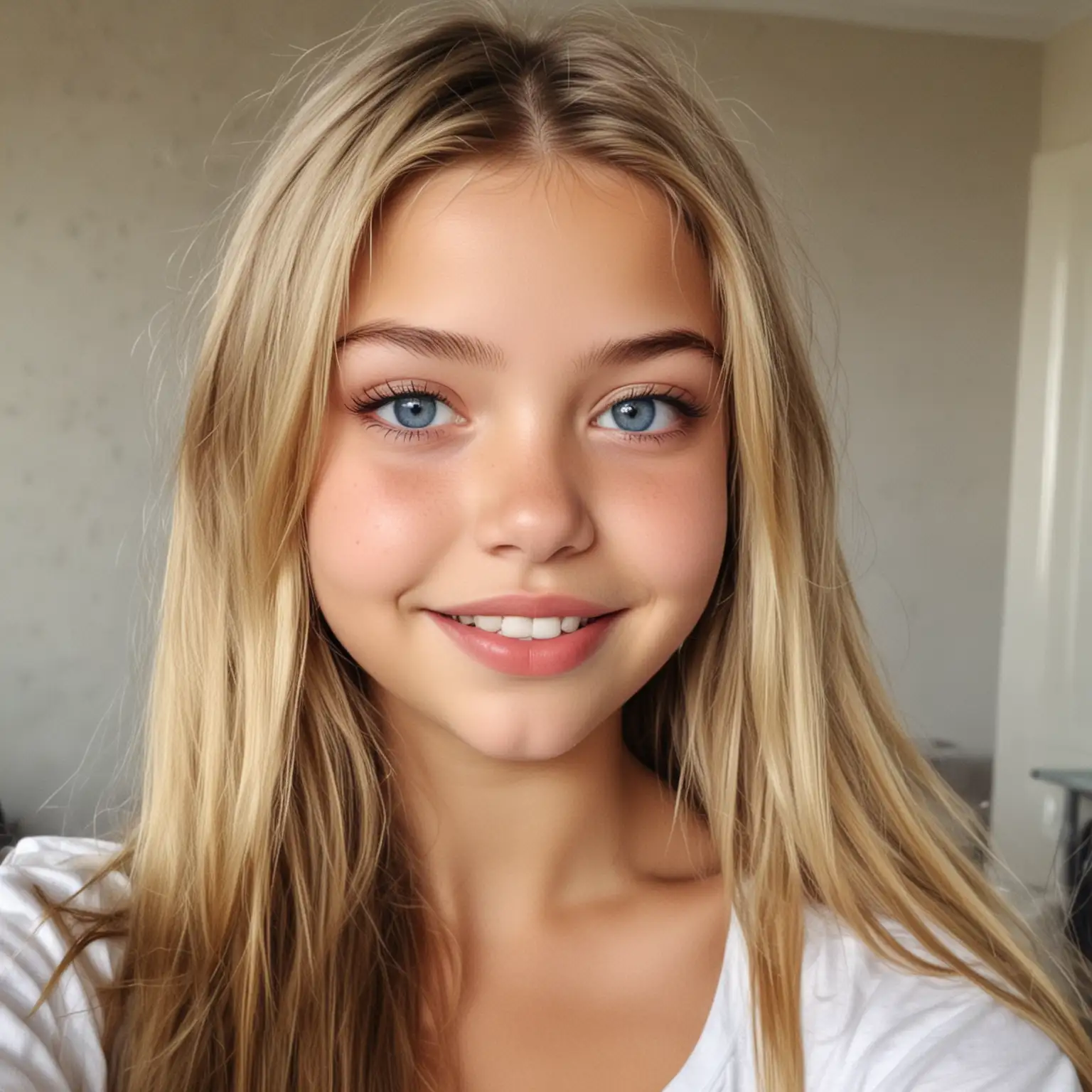 -cref https://miramuseai.net/9267400 -cw 100 selfie of 13 year old (blonde) French girl (Thylane Blondeau). excited smile. incredibly cute, fresh, youthful. walking pose, showing her cute head and torso.  natural, everyday life BREAK blue eyes 