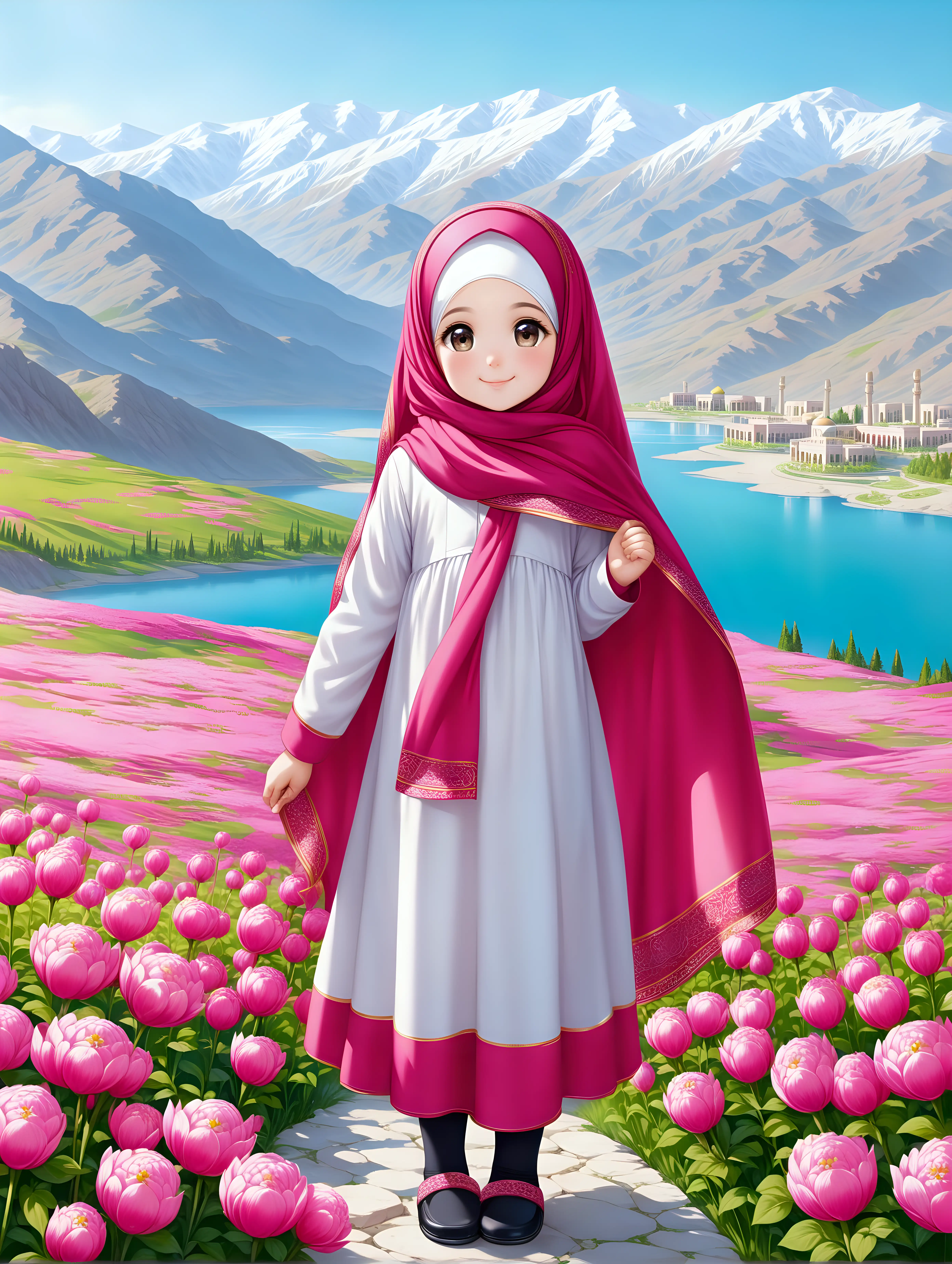 Persian little girl(full height, Muslim, with emphasis no hair out of veil(Hijab), small eyes, bigger nose, white skin, cute, smiling, wearing socks, nice flag of Iran in hand with pride, clothes full of Persian designs).
Atmosphere Sabalan mountain, full of many pink flowers, lake, spring.