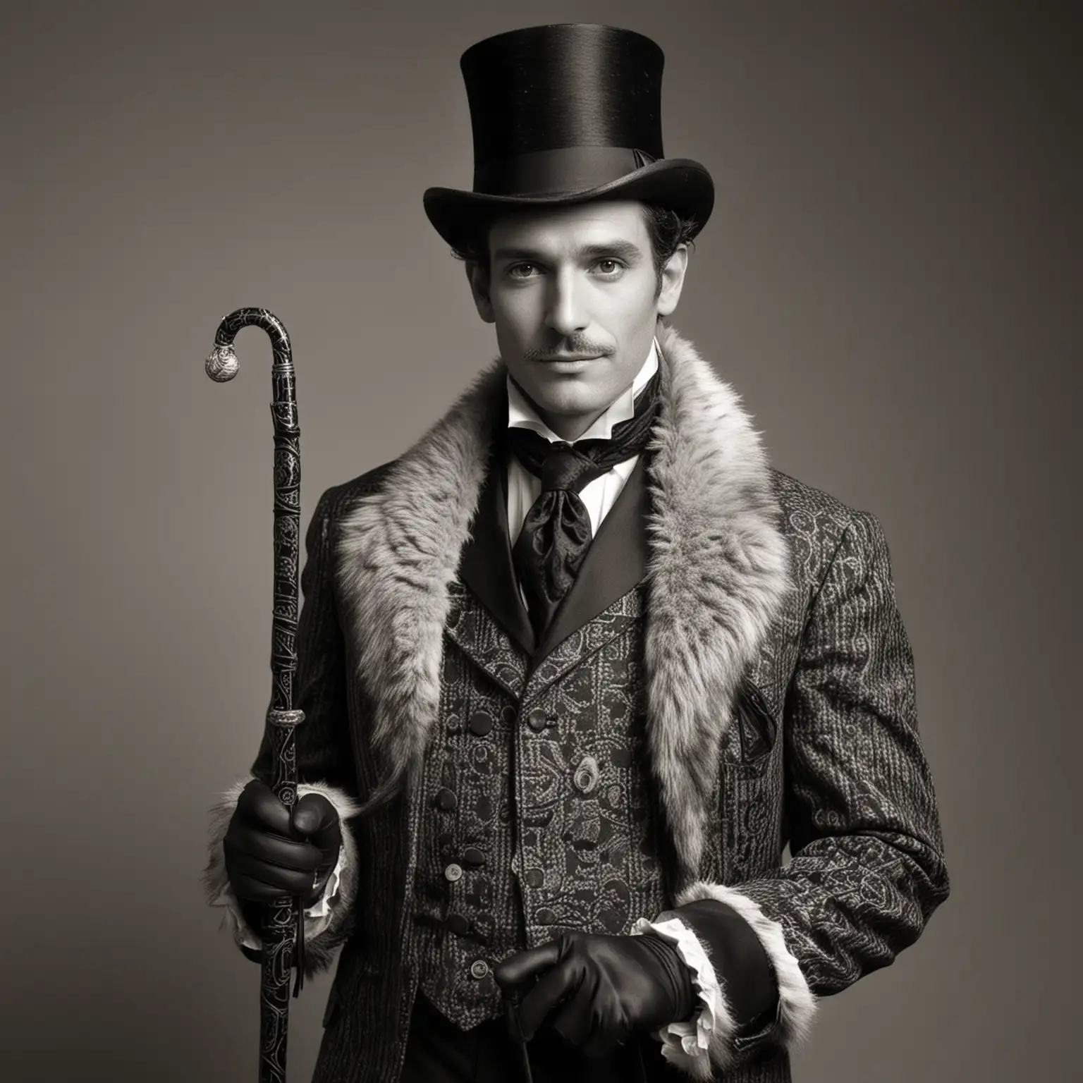 Black and white; unattractive man in an ornate old fashioned suit and neck scarf; he holds a black cane in his hand, and wears gloves; also, he has a fur collar and top hat