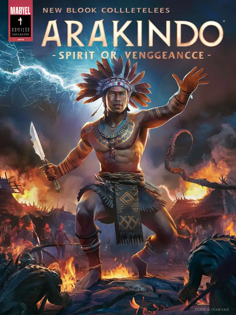  Design a Comic Book Cover for title: "New Blood Collectables" featuring "Arakindo: Spirit of Vengeance"

Portray the mystical journey of Arakindo, a spirit warrior with the power to transform shape and become invisible to enemies. Focus on his quest for vengeance against the dark forces that annihilated his tribe. Illustrate his training under ancient spirits, his mastery of throwing knives, and his battles against supernatural adversaries. Emphasize his internal struggle between vengeance and the responsibility to protect the living.