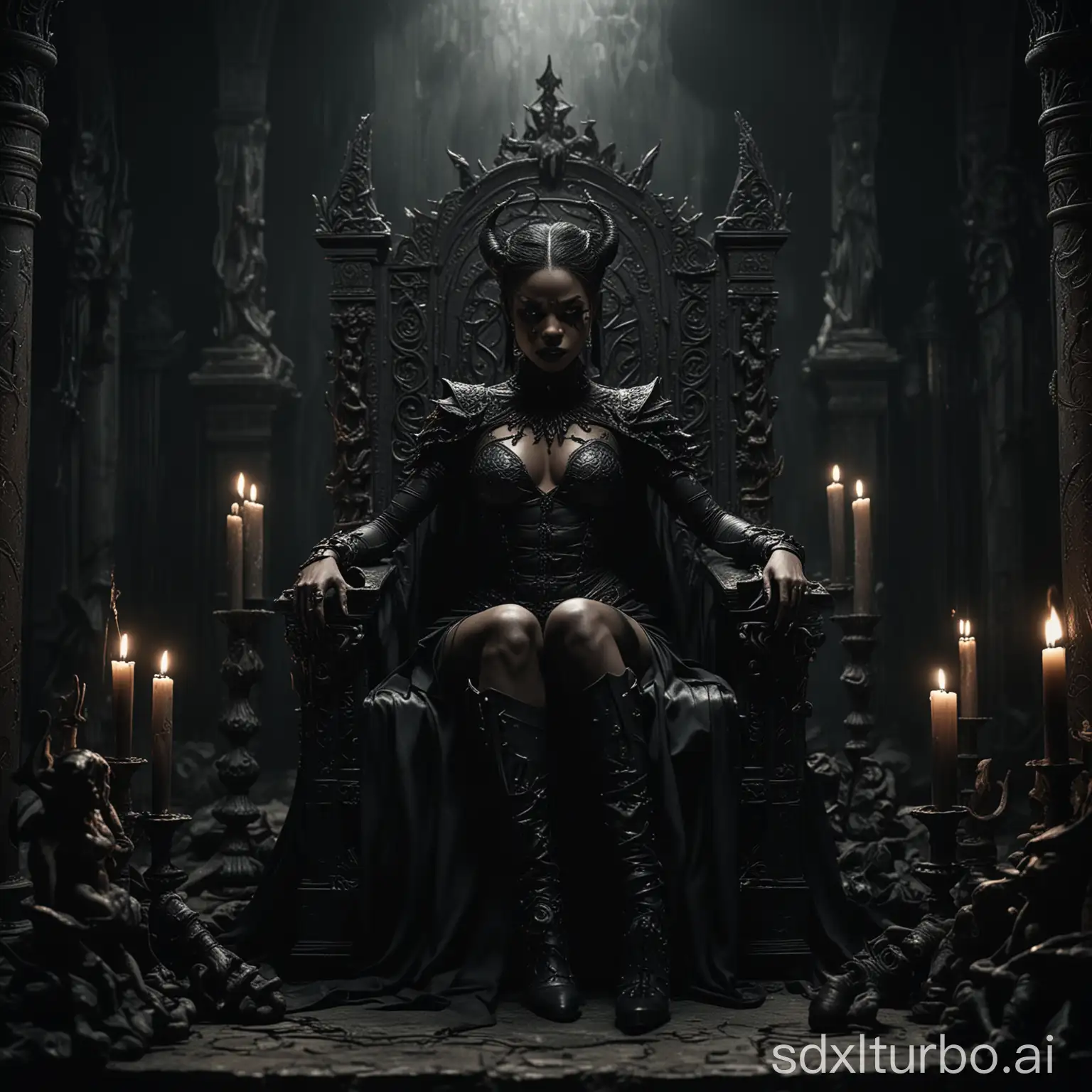 In the depths of an eerie chamber, a captivating high-quality cinematic photo captures a black demon woman , adorned with sinister-looking high-heeled boots, sitting majestically on an intricately carved black throne. Her dark beauty is accentuated by her glowing, which pierces the surrounding darkness. The flickering glow of black candles casts haunting shadows across the chamber, adding to the chilling atmosphere. The demonic woman's poise and commanding presence dominate the scene, exuding an intense power and darkness that leaves an indelible impression on all who behold her., cinematic, photo