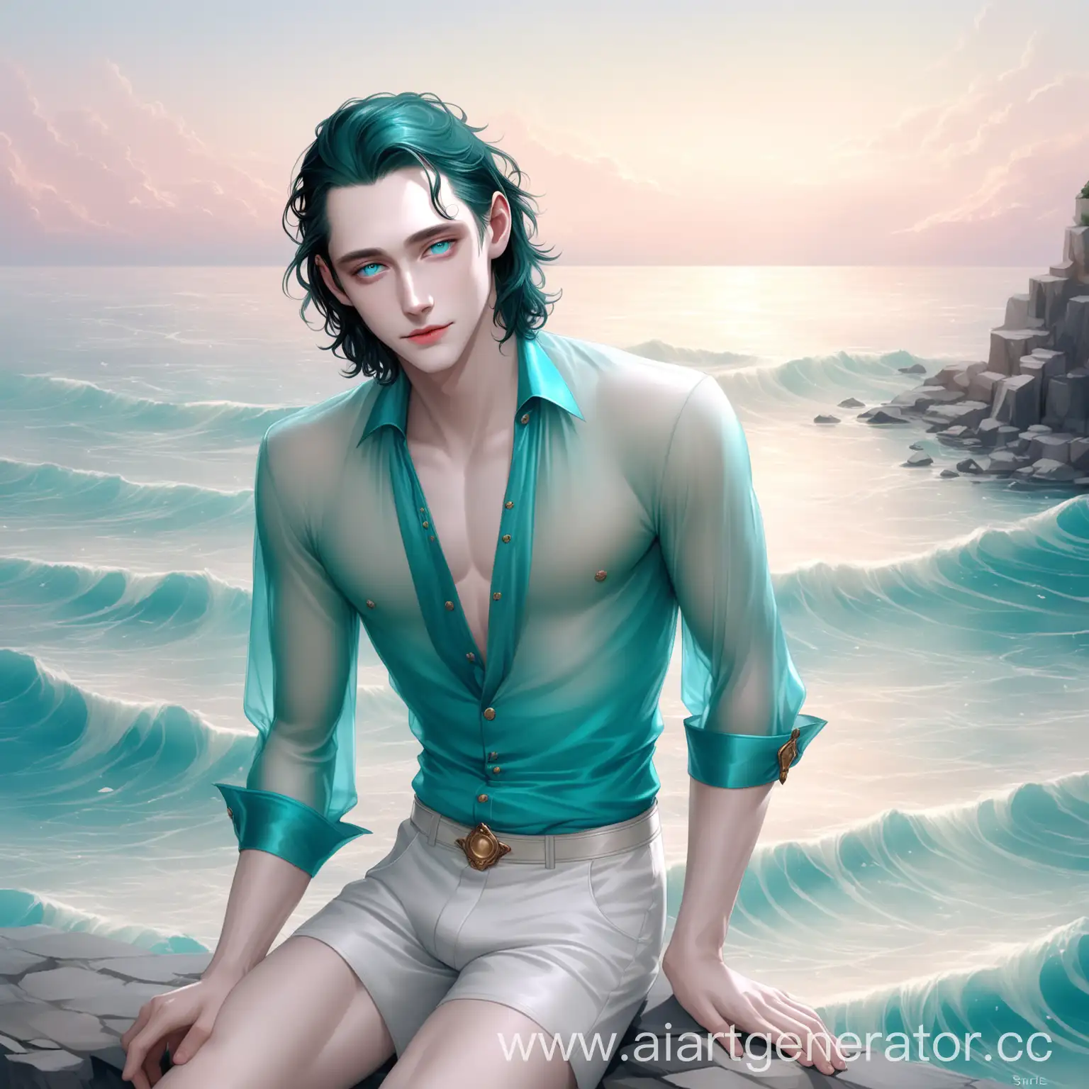digital art, young attractive charming man Loki, svelte, lithe, lean, elegant physique, lovely, precious man, refined, elegant appearance, puppy, kind, melancholic, azure eyes, aristocratic, delicate, exquisite, pleasant, sharp facial features, lovely, rosy, mellow, pink pearly lips, soft, smooth, milk porcelain-like, rosy skin, well-groomed, very long, semi-wavy, beautiful hair, natural beauty, aesthetics of nature and sea, flowing translucent turquoise shirt, white very short shorts.