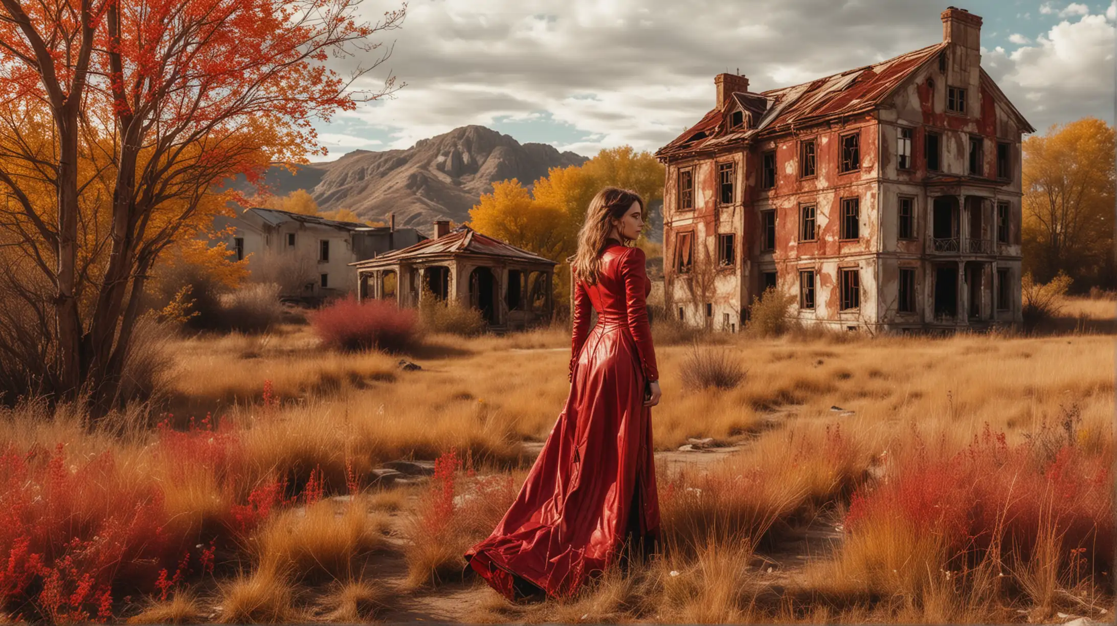 a young steampunk woman in a leather red and gold long dress goes near a lonely abandoned, partly ruined house at the end of a promontory, colorful grass and trees, psychodelic view