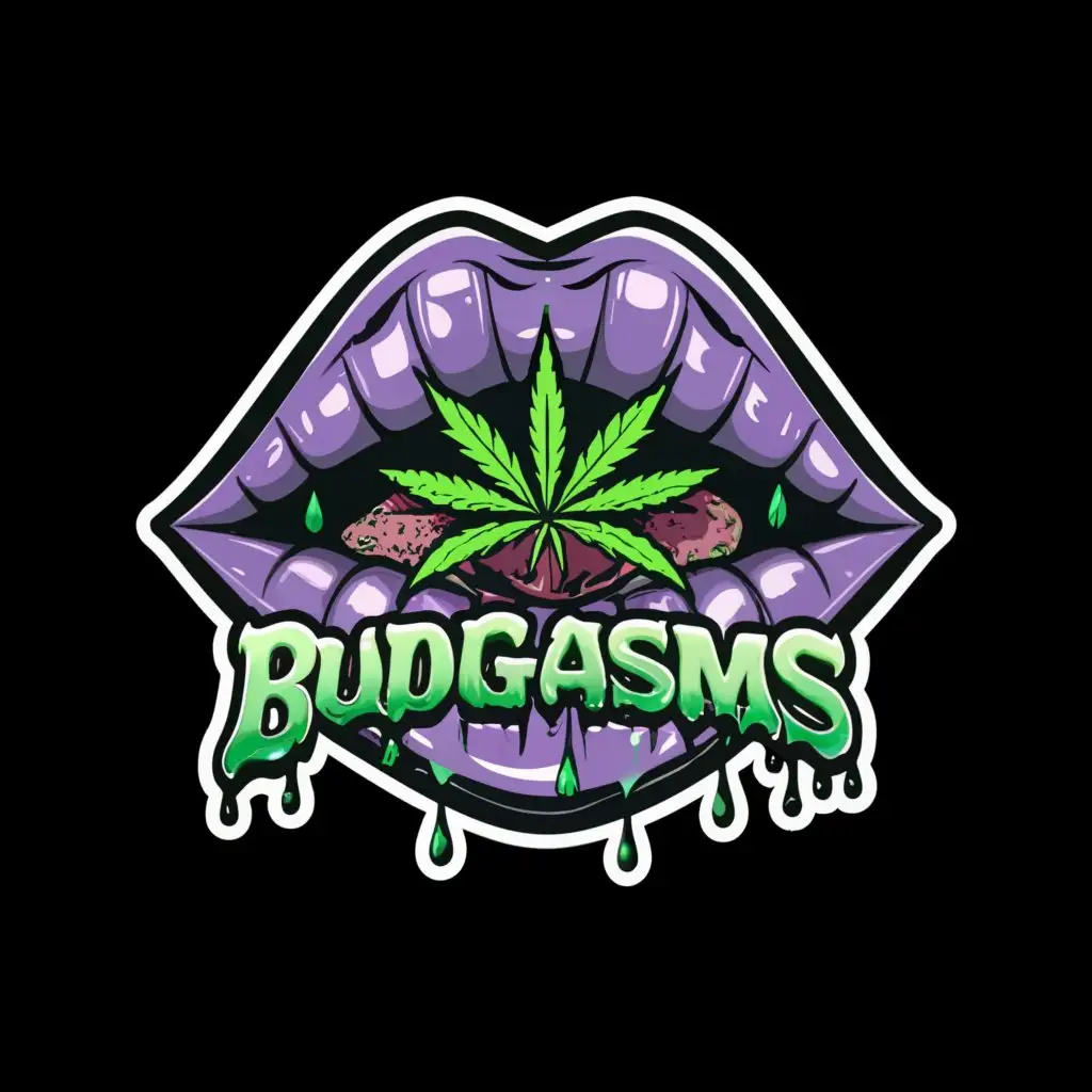 a logo design,with the text "Budgasms", main symbol:Green and purple galaxy lips with juicy tongue hanging out with weed plants dripping off of tongue,complex,be used in Retail industry,clear background