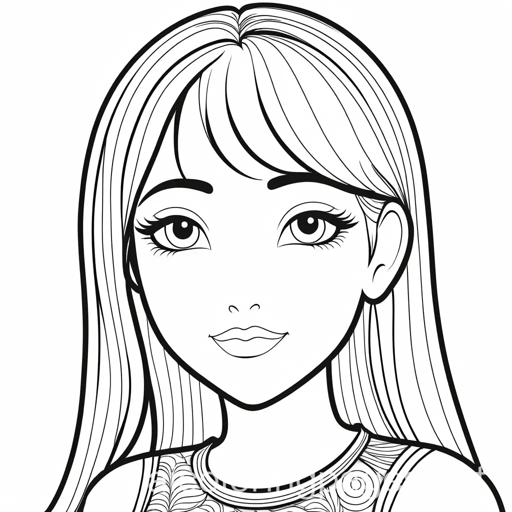 Coloring Page for Adults: Cute Girl, black and white, line art, white background, Simplicity, Ample White Space. The background of the coloring page is plain white to make it easy for young children to color within the lines. The outlines of all the subjects are easy to distinguish, making it simple for kids to color without too much difficulty
