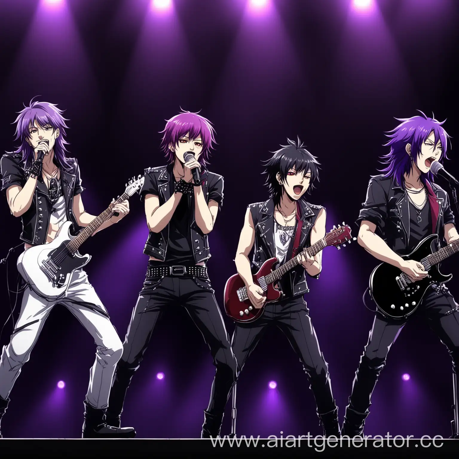 A musical group of anime-style rocker guys with black and purple hair who anneal and sing on stage.
