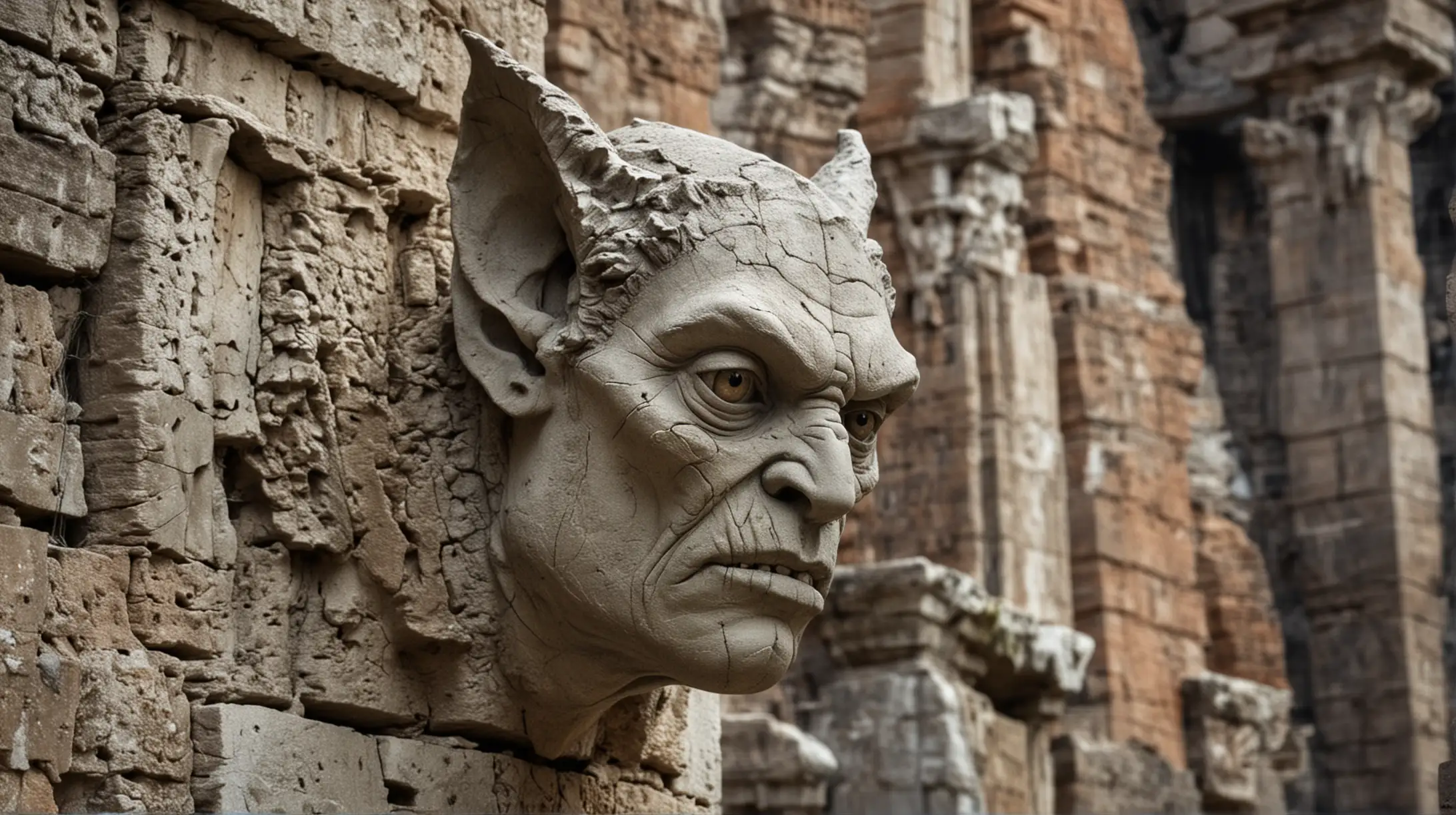 close up gargoyle face among ancient ruins eerie scary