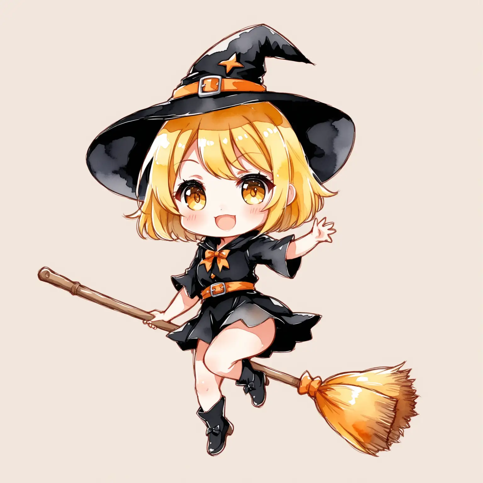 Playful Anime Witch Girl Riding Broom in Chibi Watercolor Style