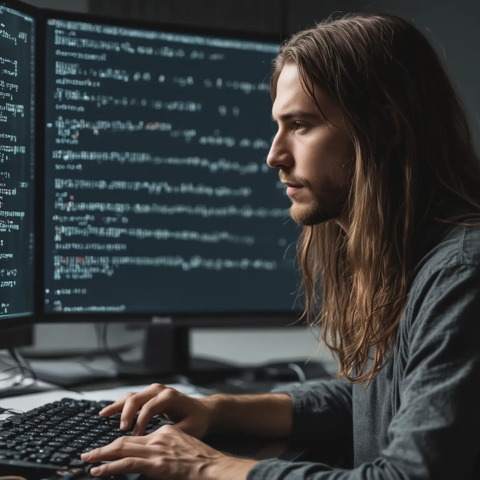 留着长头发的男人，坐在电脑前写代码