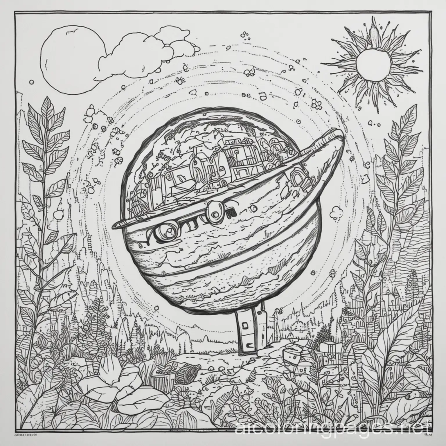 Nature, the environment, climate change, recycling, science, and stopping climate change. Coloring Page, black and white, line art, white background, Simplicity, Ample White Space. The background of the coloring page is plain white to make it easy for young children to color within the lines. The outlines of all the subjects are easy to distinguish, making it simple for kids to color without too much difficulty
