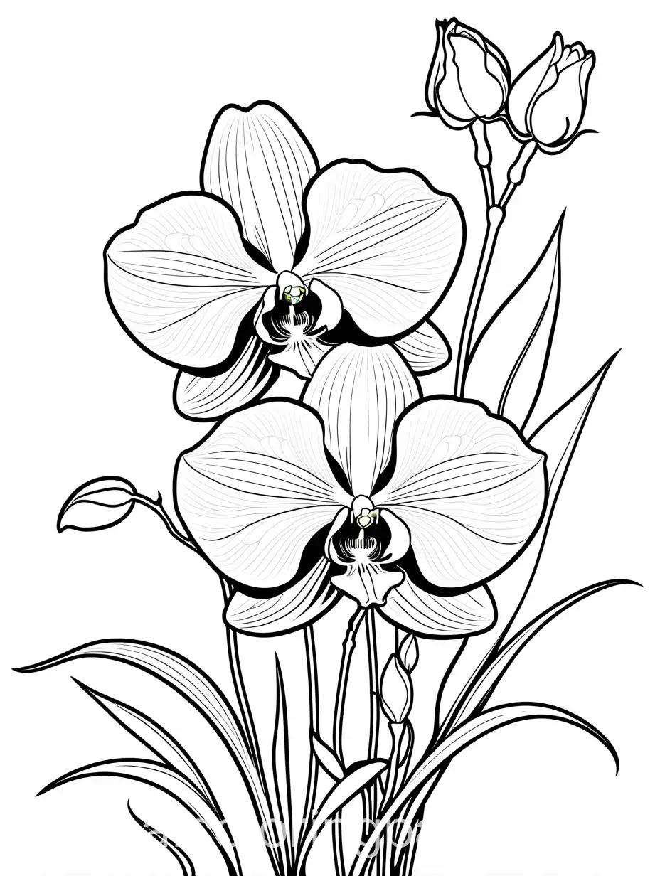 COLORING  ORCHID  ROSES, Coloring Page, black and white, line art, white background, Simplicity, Ample White Space. The background of the coloring page is plain white to make it easy for young children to color within the lines. The outlines of all the subjects are easy to distinguish, making it simple for kids to color without too much difficulty