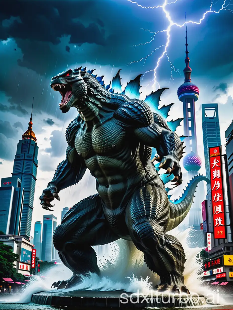 Godzilla rages in Shanghai during a storm.