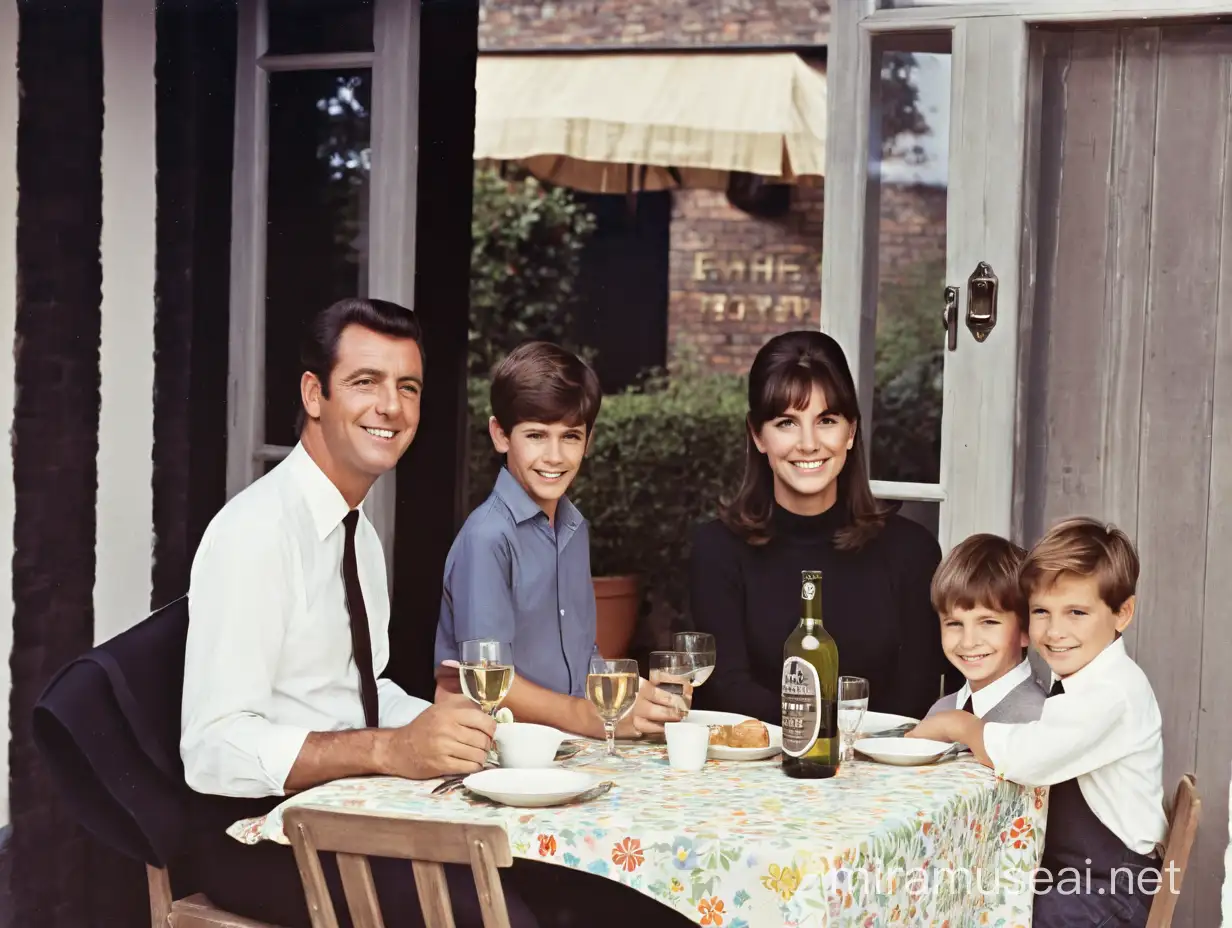 Make this a happy family please, on the left is the father, then the 15 year old daughter, then the mother, then a 5 year old boy, and a 12 year old son, it's the sixties, outside it's dark