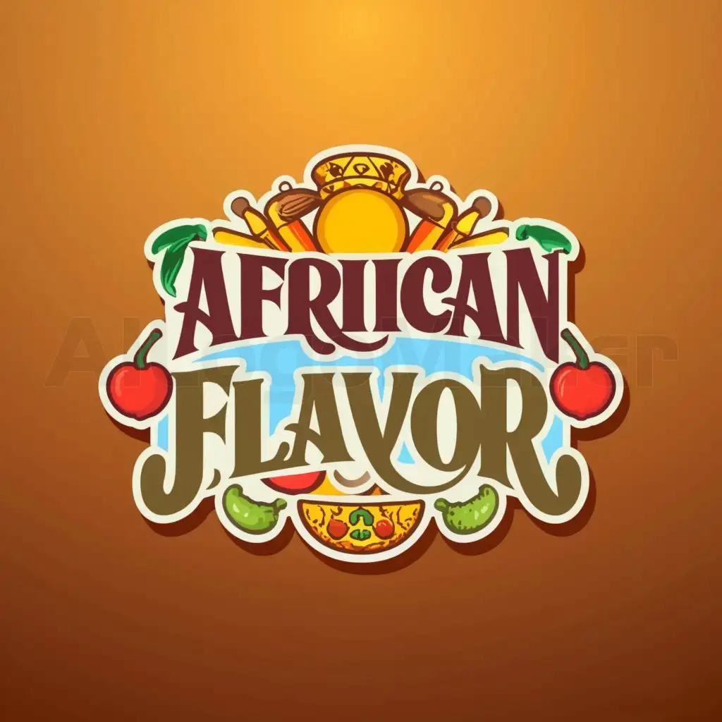 a logo design,with the text ""African Flavor":", main symbol:: A logo that includes African culinary elements such as fruits, spices, or kitchen utensils, with eye-catching typography.,Moderate,clear background