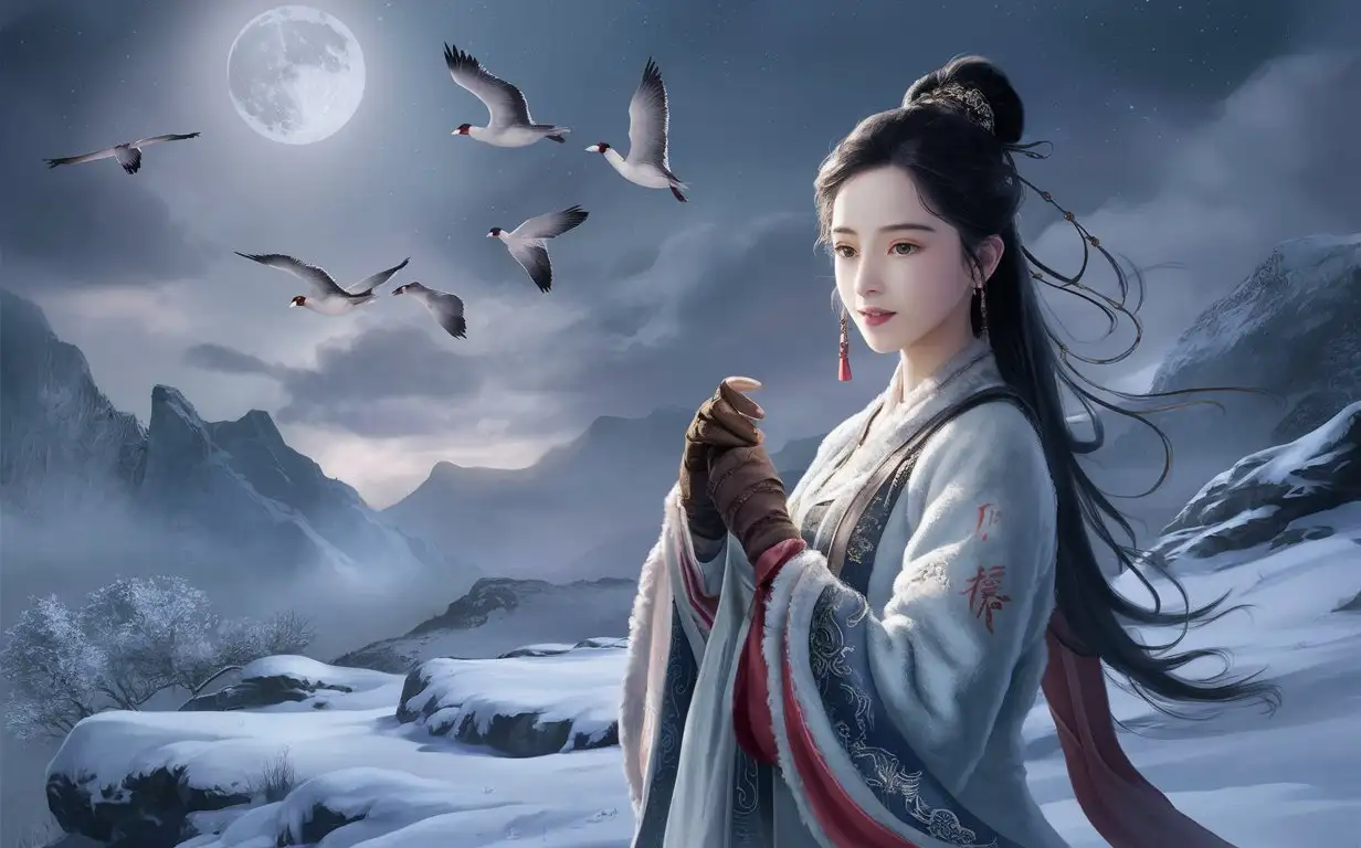 Chinese ancient stylenNo textnA young beautiful Chinese woman on a snow mountainnLooking at the moonnGeese flying