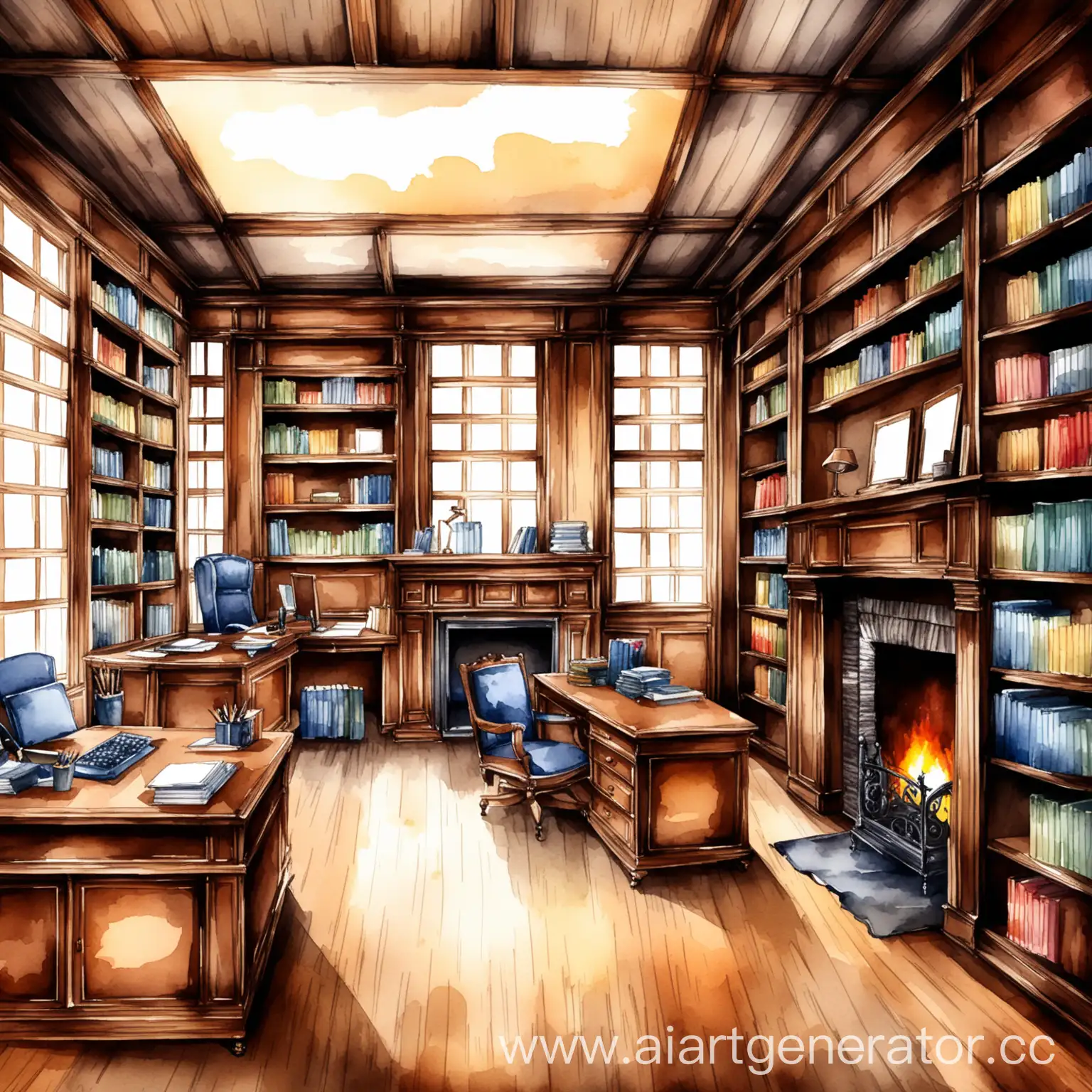 old wooden office in watercolor style.with a fireplace and bookcases. This is a fairly large office. Show me the brush strokes.