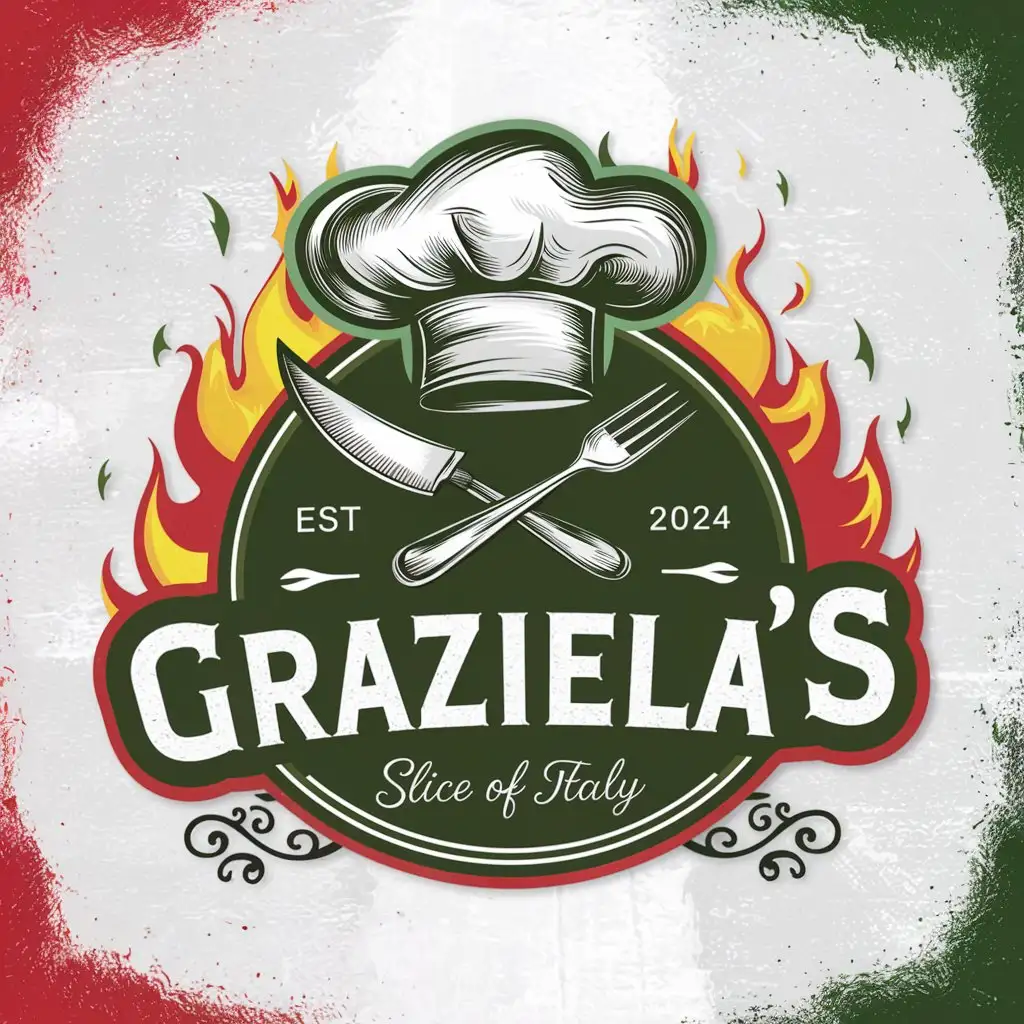 GRAZIELLA Pizzeria logo, Italian colors, Crossed knife and fork, Sketched Chef's Hat, Slogan, Slice of Italy, EST 2024, White background, Restaurant logo, Flaming, Decoration
