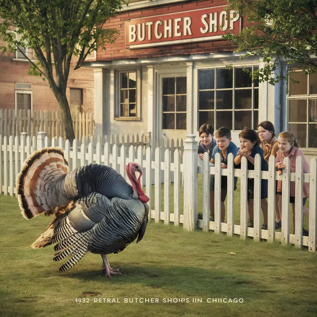 In 1932: a butcher shop in Chicago has a yard next to it with a white picket fence. In the yard is a large gray turkey. There are young children standing by the fence watching the turkey.  no keywords