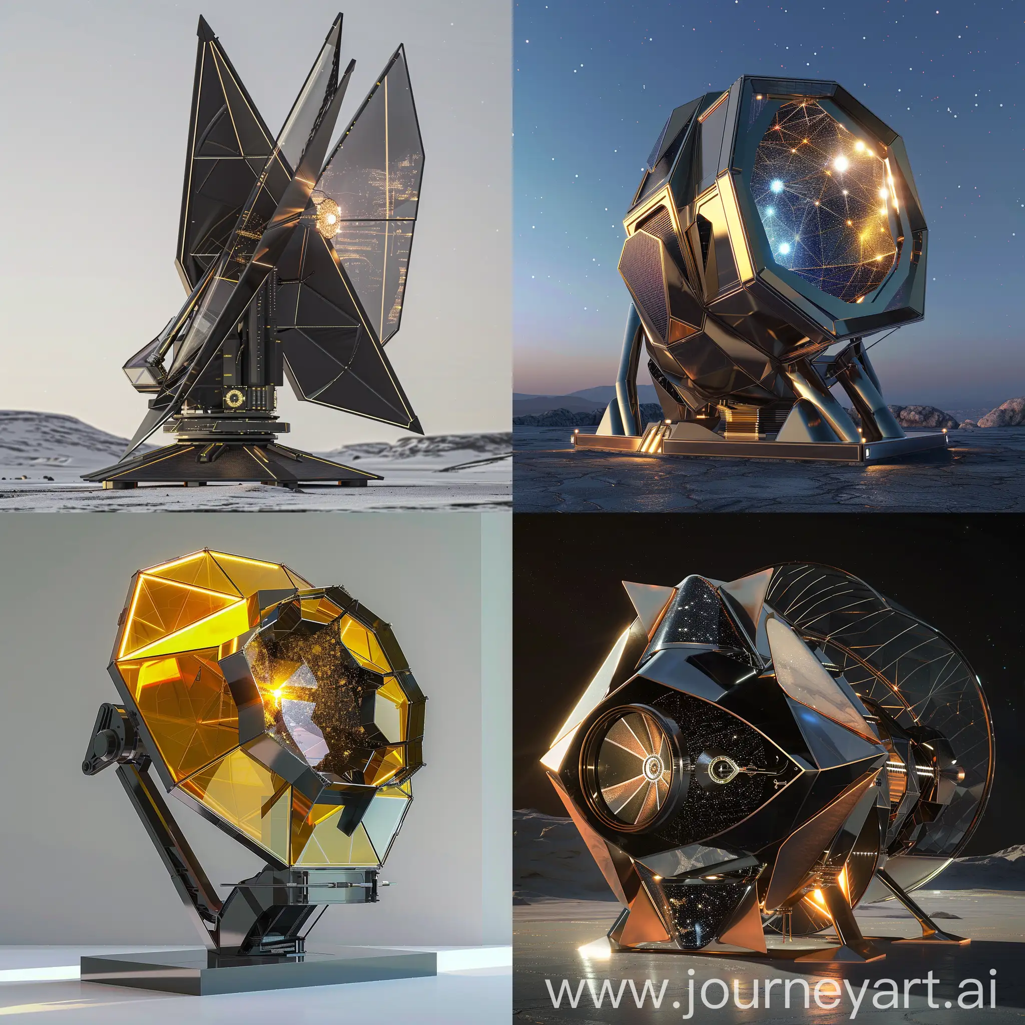 Futuristic space telescope, Modular Construction, Nano-Material Coatings, AI-Driven Calibration Systems, Holographic Optical Elements, Quantum Image Sensors, Solar Sail Power Source, 3D-Printed Components, Virtual Reality Integration, Kinetic Sculpture Radiators, Bio-Engineered Glass, Aerodynamic Silhouette, Dynamic Aperture Control, Interactive Light Displays, Morphing Solar Panels, Robotic Maintenance Arms, Thermal Shield Art, Electromagnetic Docking Rings, Sculptural Antennae, Reactive Hull Coatings, Holographic Identification Markers, unreal engine 5, unreal engine 5 rendering --stylize 1000