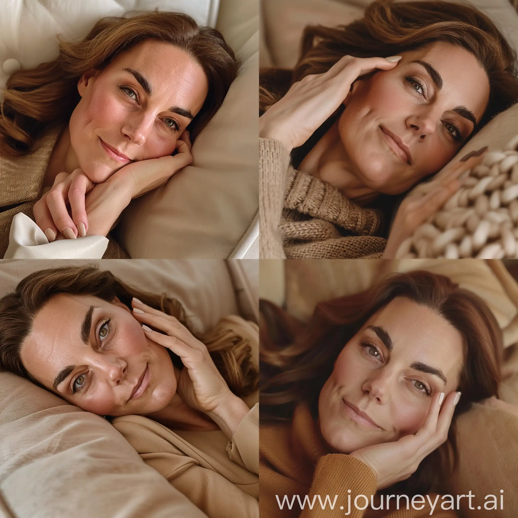 Aesthetic Instagram close up selfie: Kate Middleton in fancy London flat, lying down, light brown color tones, warm, cozy, posh, beige gel nail polish, hand resting on cheek