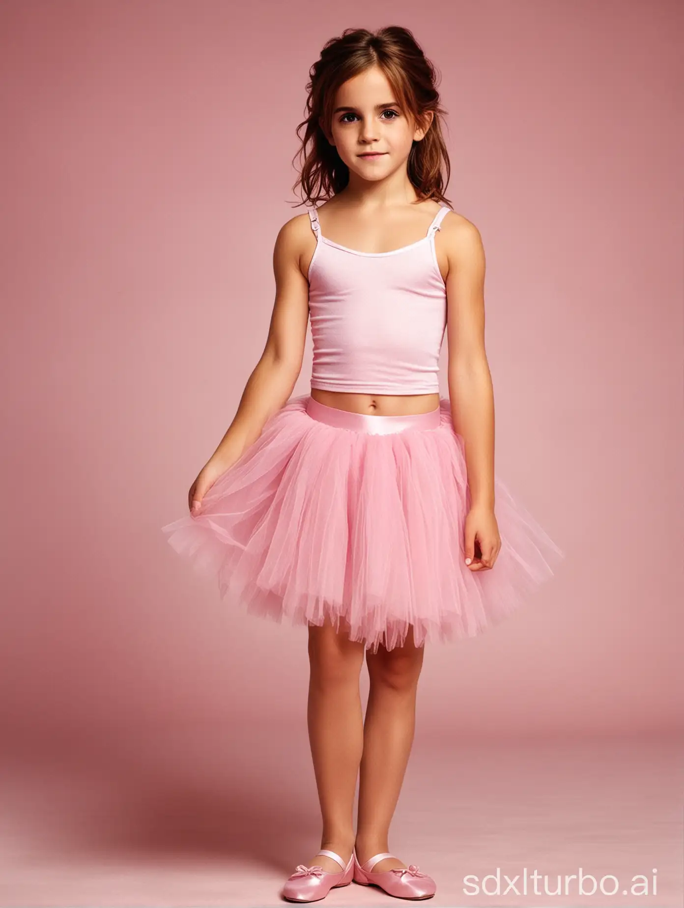 Emma Watson at 6 years old, long hair, very muscular abs, pink ballerina, tutu skirt