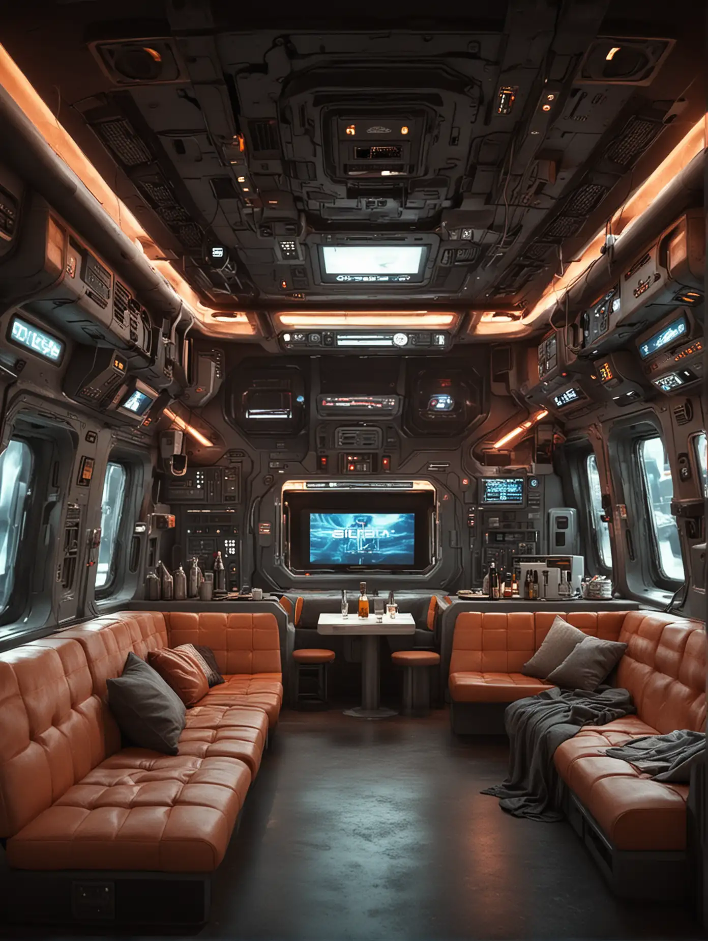 Sci-fi interior, sci-fi cab, lots of big screens, sofa, kitchen, bar
