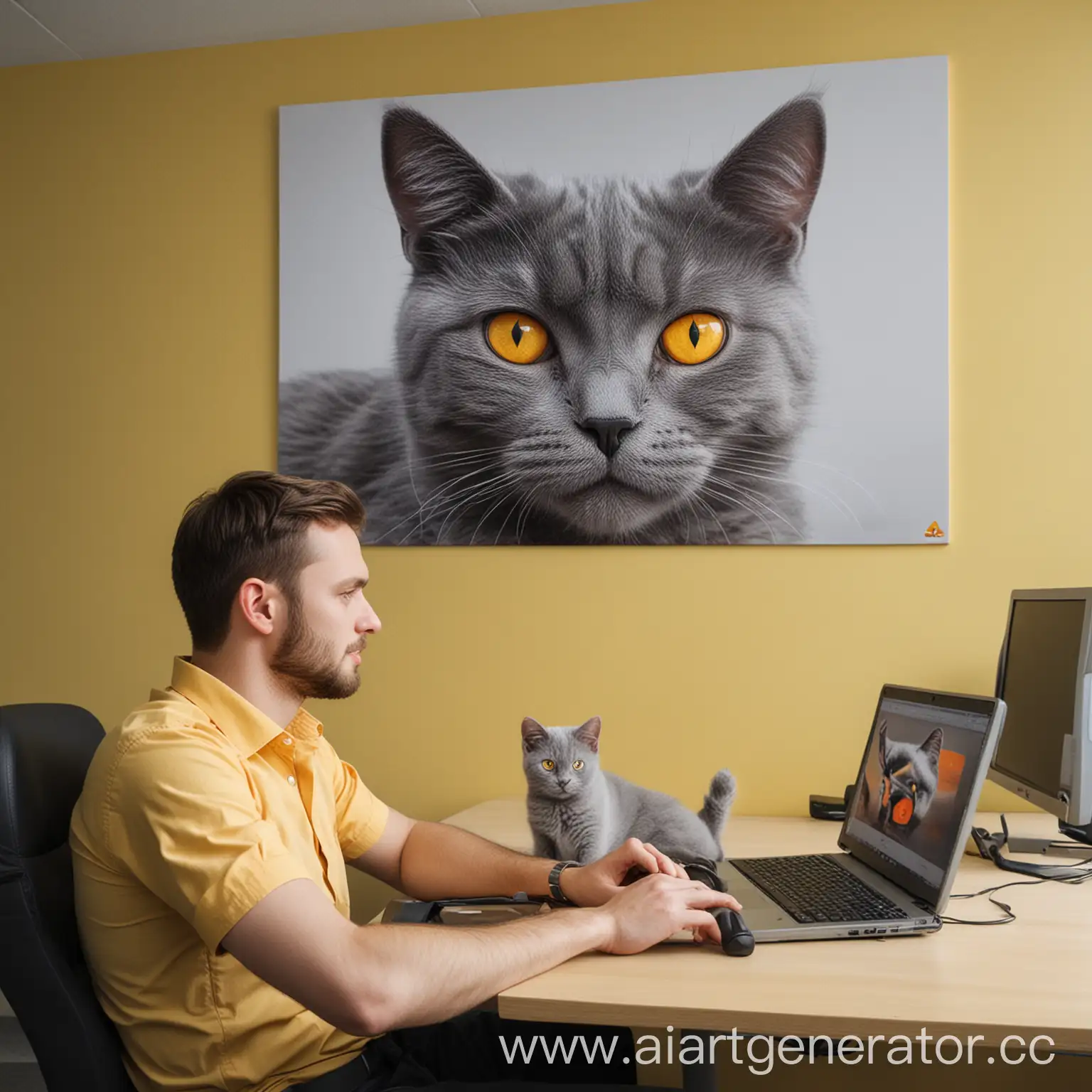 Мужчина в офисе Яндекса сидит за компьютером и работает, рядом лежит его серый кот с оранжевыми глазами и на фоне на стене висит картина, как он едет на машине. Основной цвет офиса - желтый. 