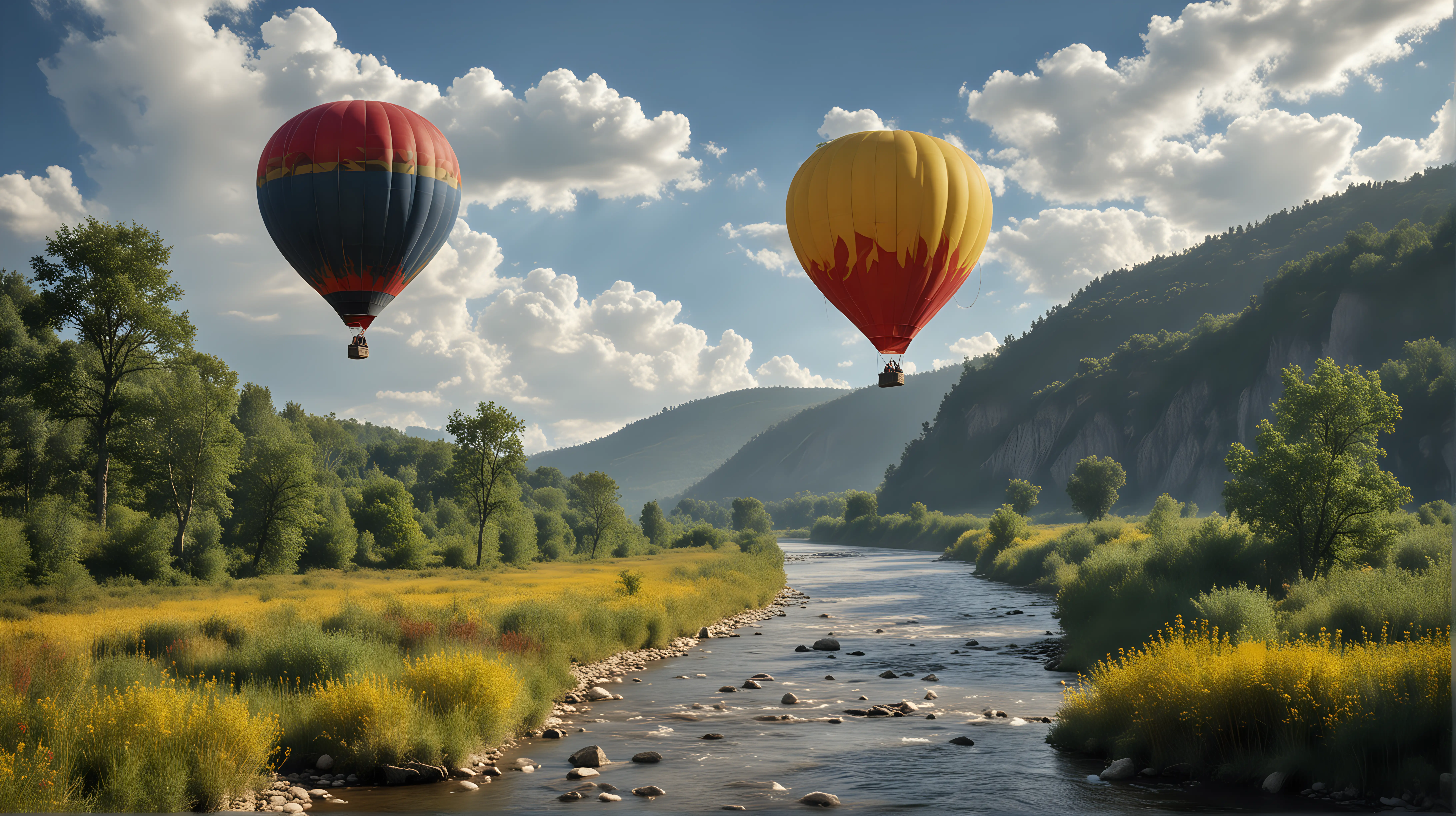 a blue and yellow and red air balloon flies over a wild river in the wilderness, sunny, some white clouds